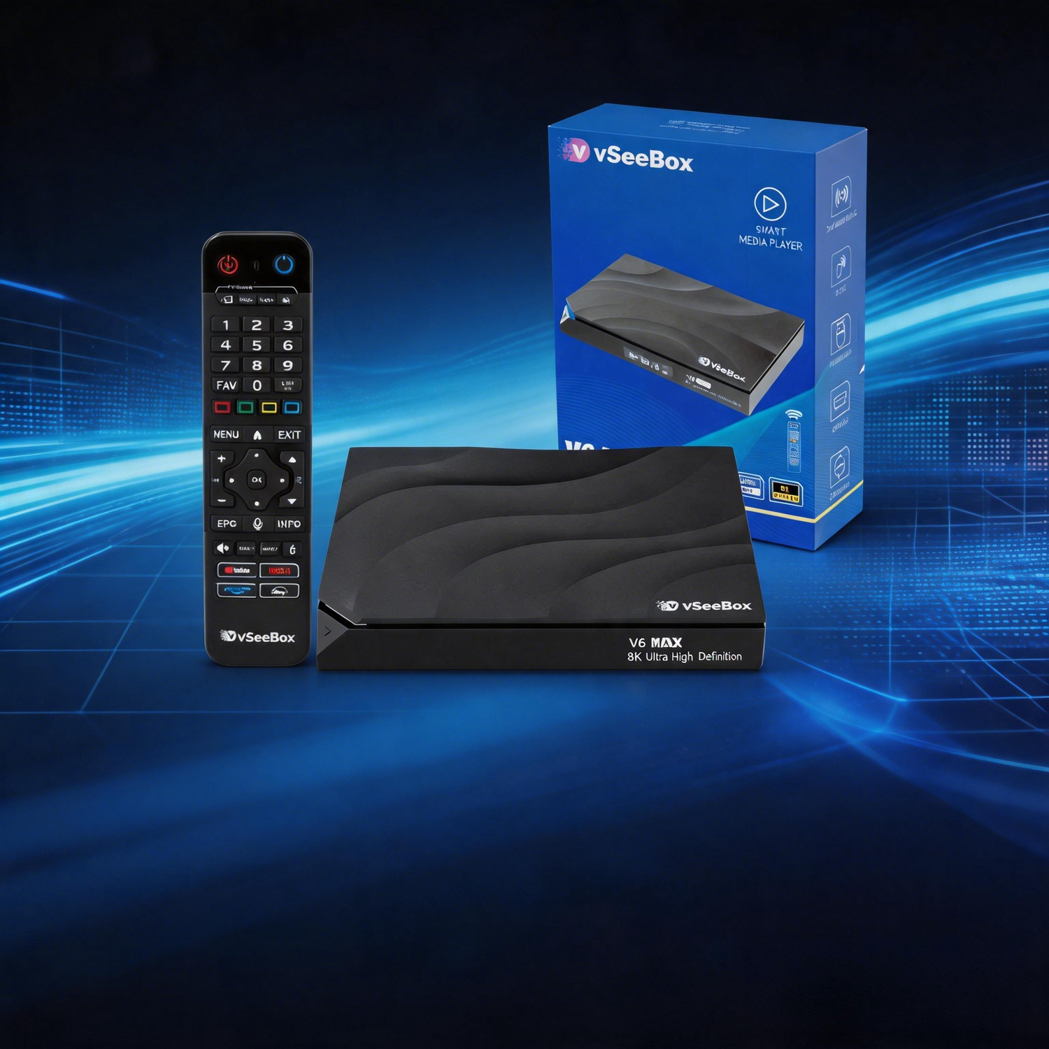 vSeeBox V5 Pro 8K Ultra HD Smart TV Box with Voice Remote and Packaging