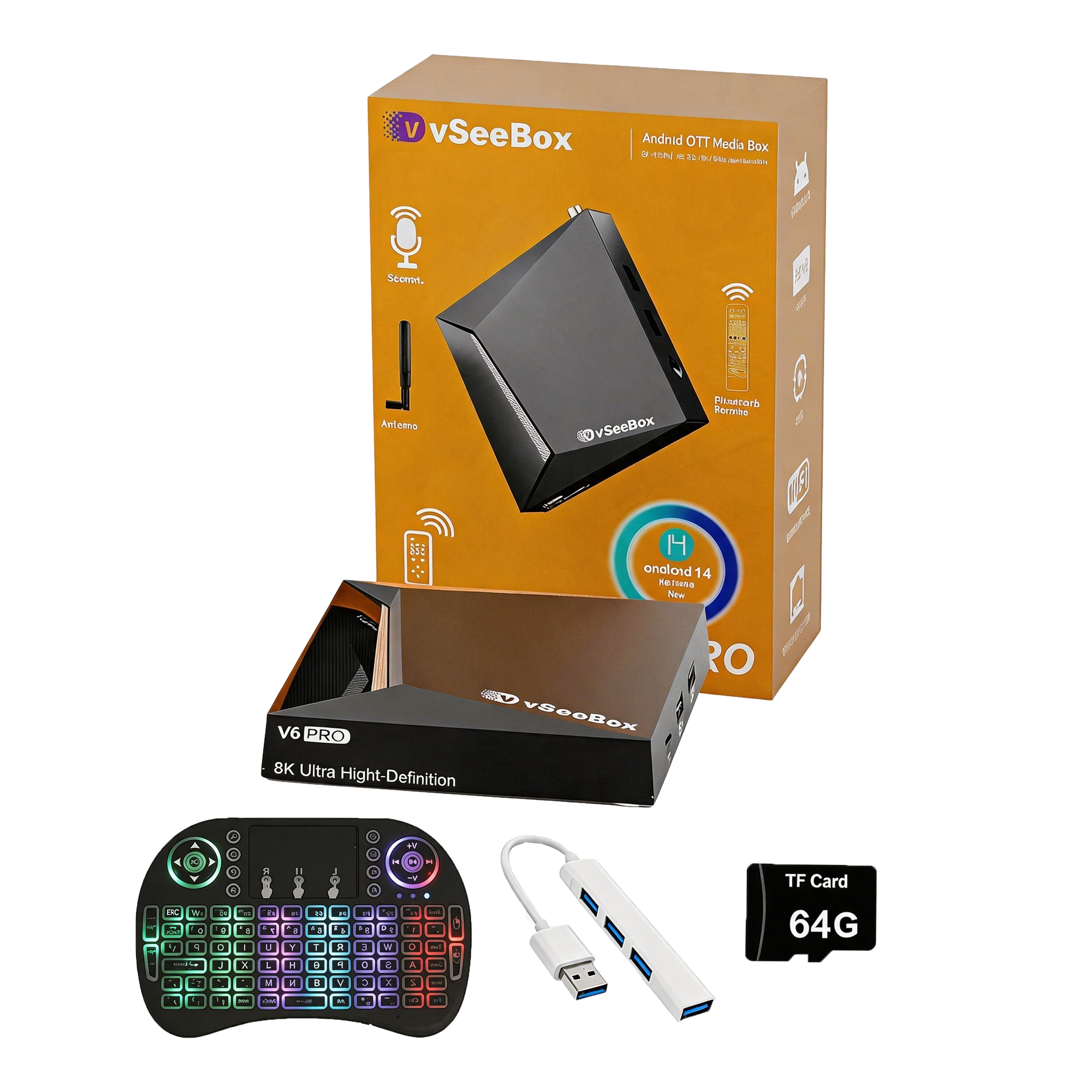 vSeeBox V6 Pro Streaming Box Bundle | Keyboard, 64GB TF Card & USB Hub