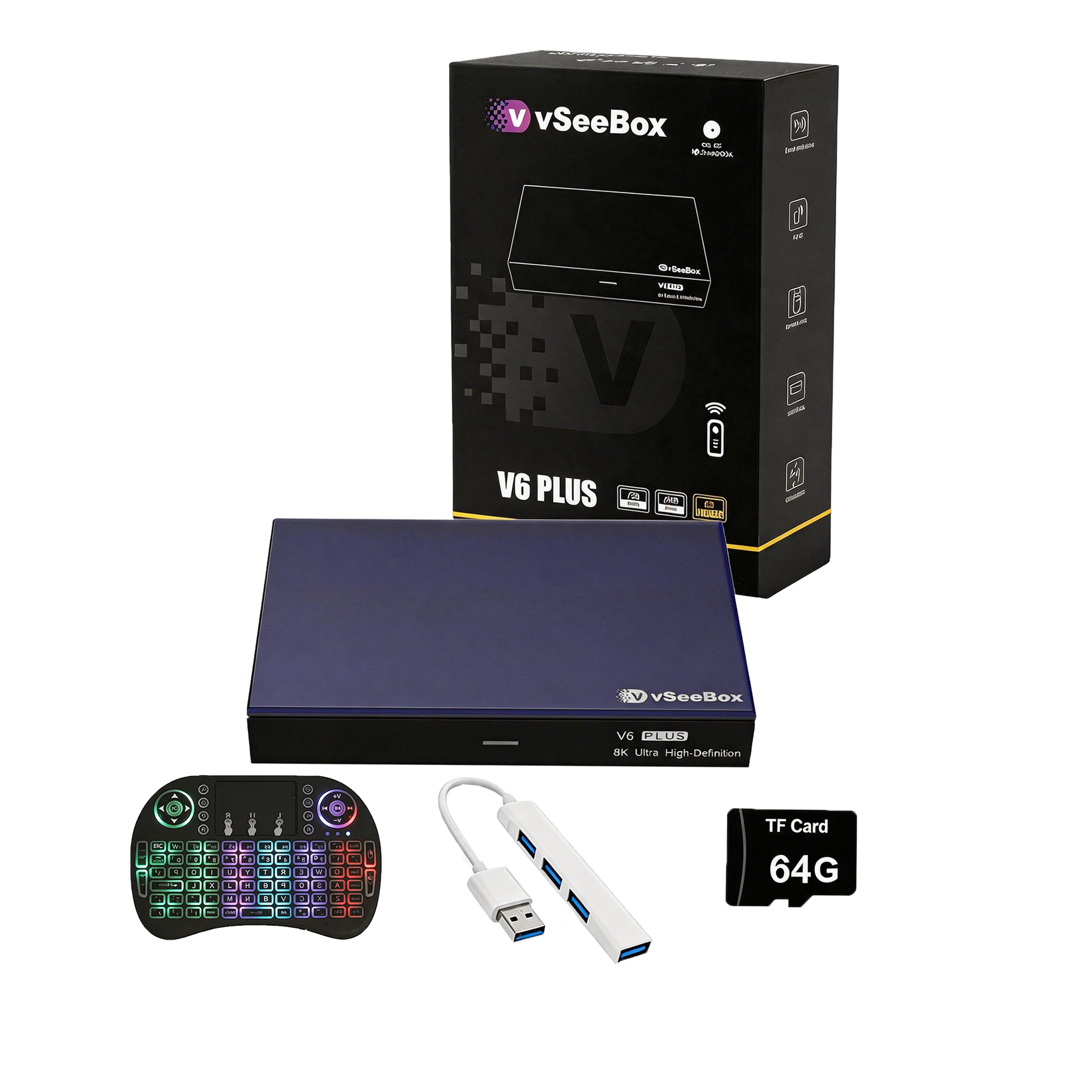 vSeeBox V6 Plus Streaming Box Bundle | Keyboard, 64GB TF Card & USB Hub
