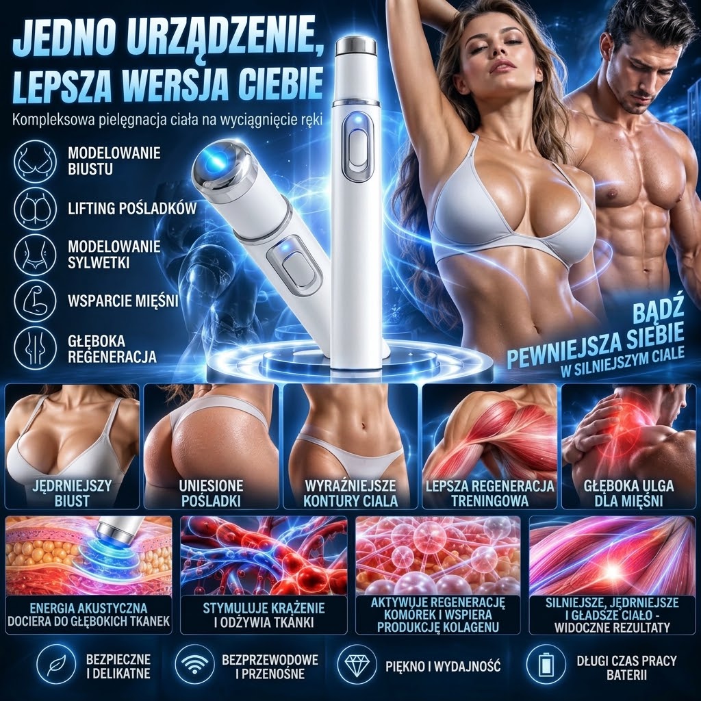 ULTRASONIC SHOCK WAVE BODY REMODELING SYSTEM™ – ultradźwiękowy system modelowania ciała falą uderzeniową – poprawia wygląd biustu i unosi pośladki. Wspomaga wzrost mięśni. Zwiększa krążenie. Łagodzi ból.