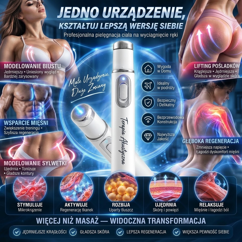 ULTRASONIC SHOCK WAVE BODY REMODELING SYSTEM™ – ultradźwiękowy system modelowania ciała falą uderzeniową – poprawia wygląd biustu i unosi pośladki. Wspomaga wzrost mięśni. Zwiększa krążenie. Łagodzi ból.
