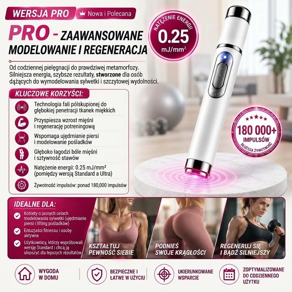 ULTRASONIC SHOCK WAVE BODY REMODELING SYSTEM™ – ultradźwiękowy system modelowania ciała falą uderzeniową – poprawia wygląd biustu i unosi pośladki. Wspomaga wzrost mięśni. Zwiększa krążenie. Łagodzi ból.