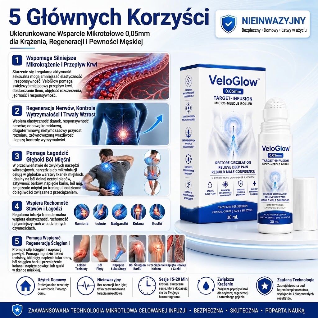 VeloGlow™ 0,05 mm Target-Infusion wałek z mikroigłami — Przywraca zdrowie tkanek, zwiększa sztywność i wytrzymałość, łagodzi dyskomfort mięśni i stawów.
