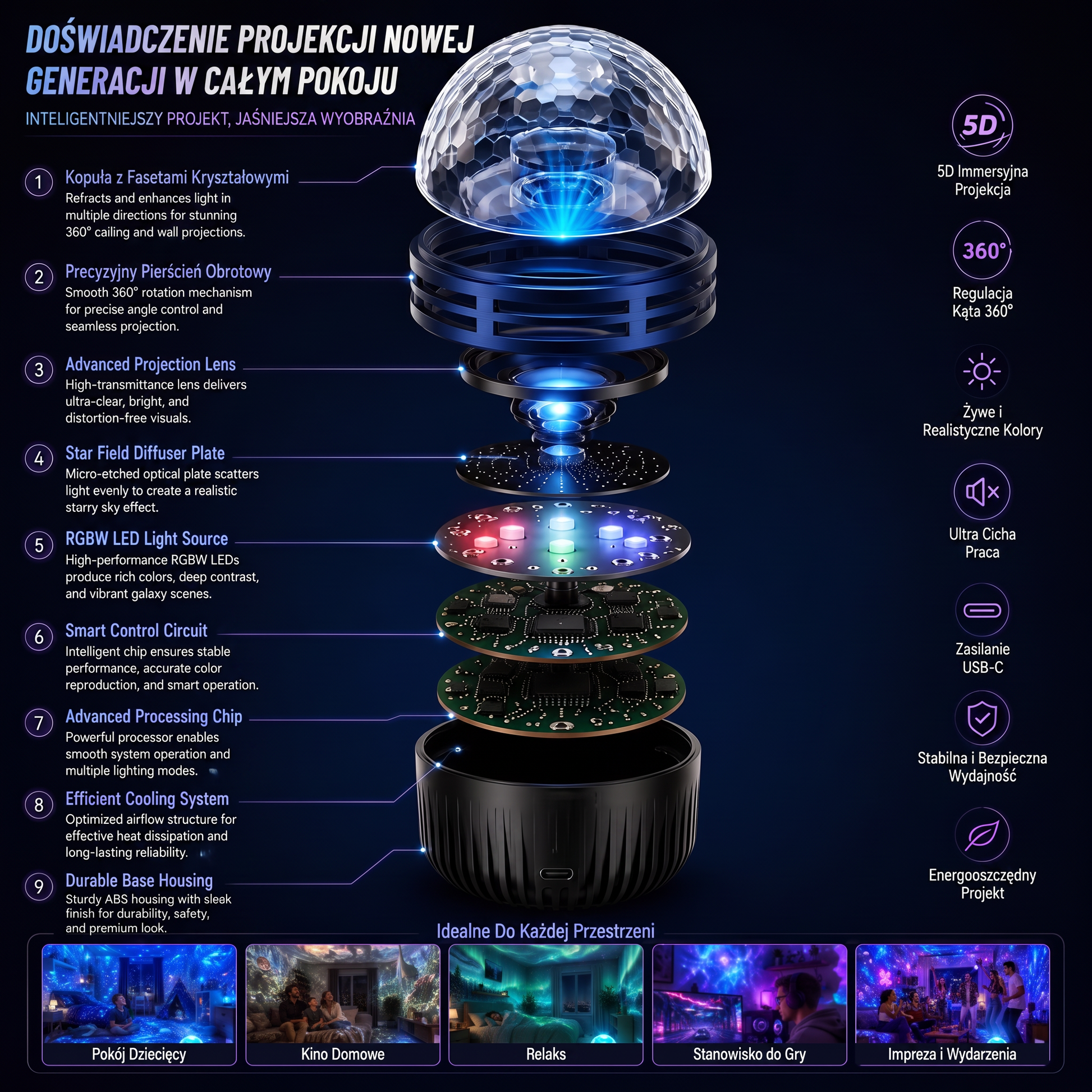 SCNDR®360°Inteligentnyholograficznyprojektorgwiaździstegonieba