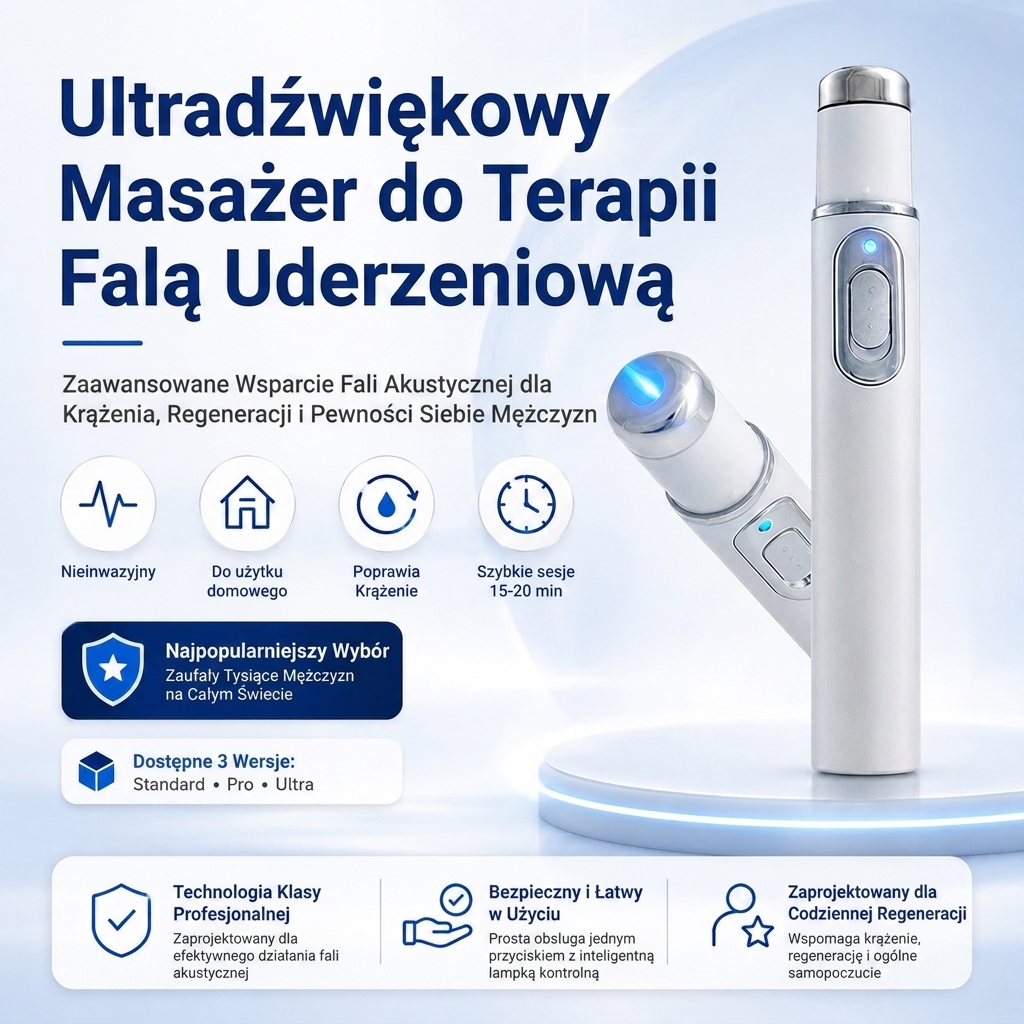 Zaawansowana akustyczna terapia falą uderzeniową – przywraca zdrowie tkanek prącia, zwiększa moc wzwodu, wytrzymałość i pewność siebie, jednocześnie łagodząc ból mięśni, sztywność stawów oraz napięcie tkanek.