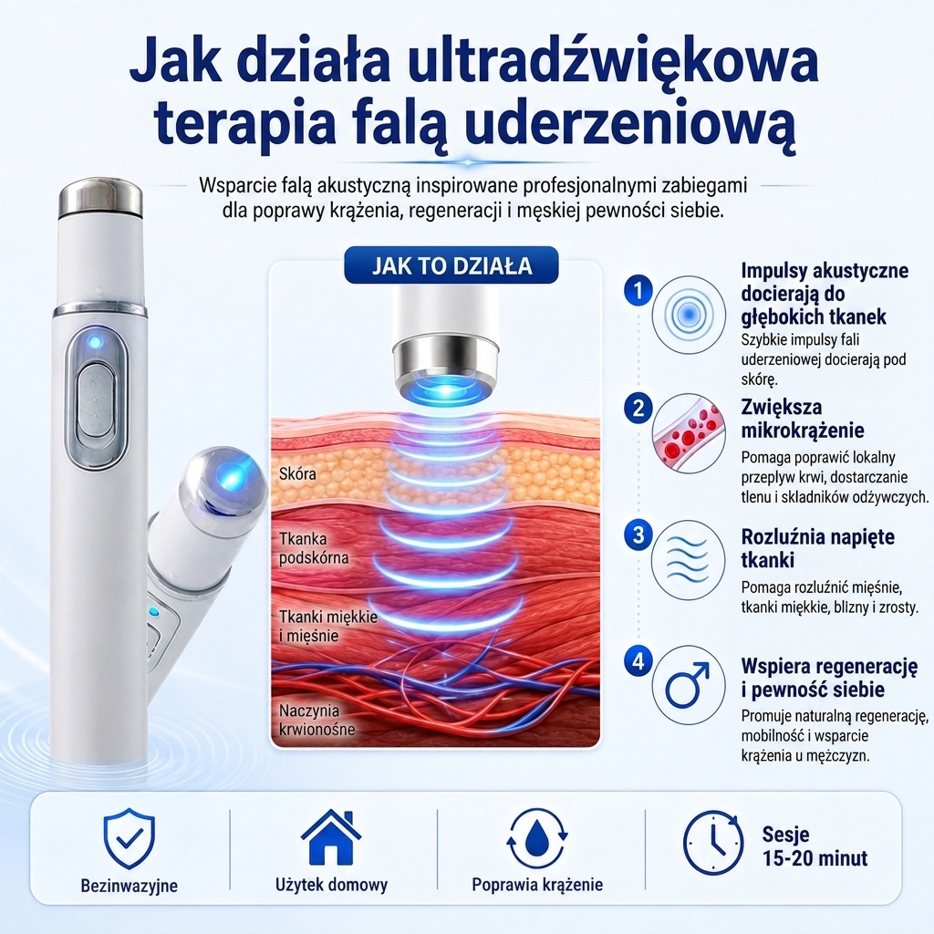 Zaawansowana akustyczna terapia falą uderzeniową – przywraca zdrowie tkanek prącia, zwiększa moc wzwodu, wytrzymałość i pewność siebie, jednocześnie łagodząc ból mięśni, sztywność stawów oraz napięcie tkanek.