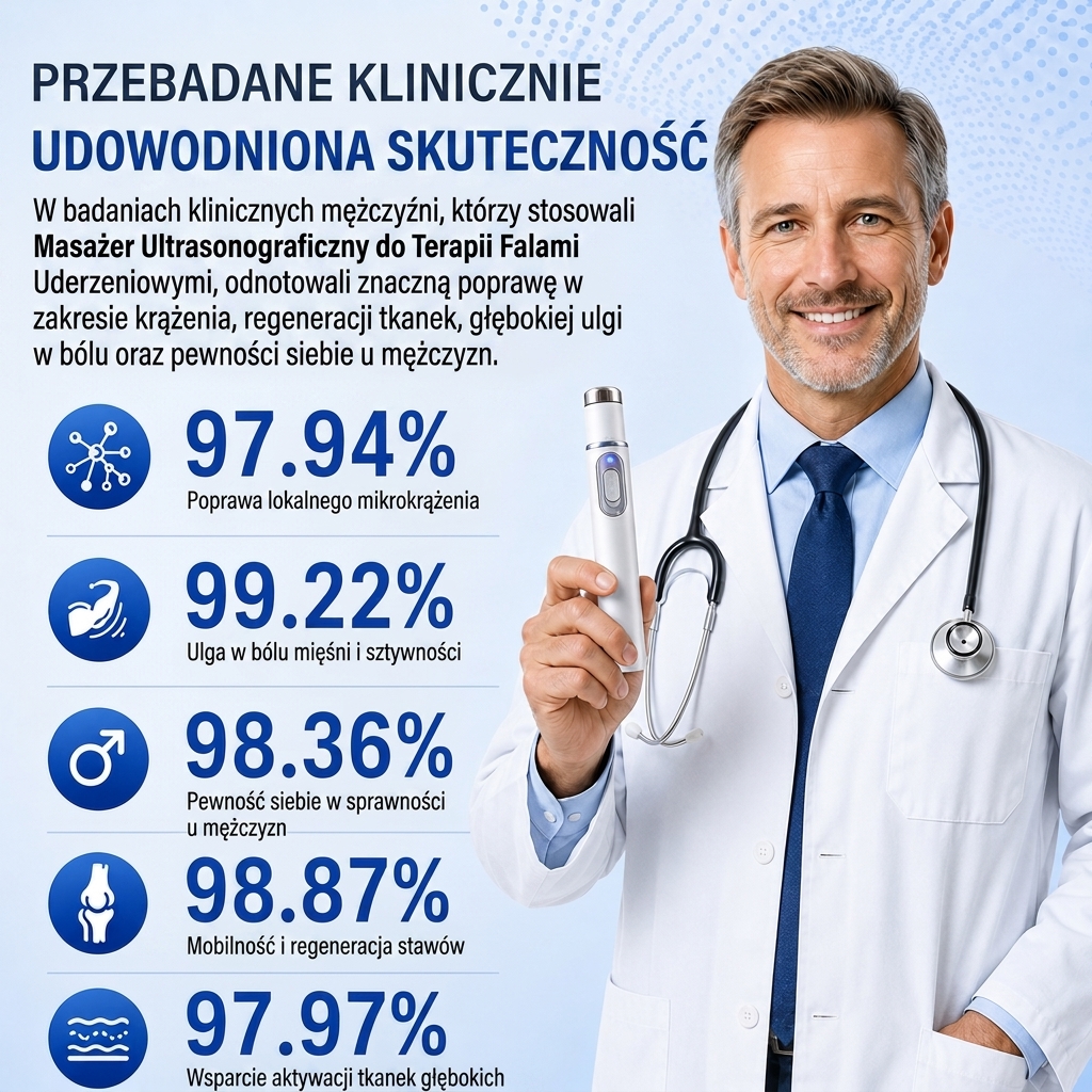 Zaawansowana akustyczna terapia falą uderzeniową – przywraca zdrowie tkanek prącia, zwiększa moc wzwodu, wytrzymałość i pewność siebie, jednocześnie łagodząc ból mięśni, sztywność stawów oraz napięcie tkanek.