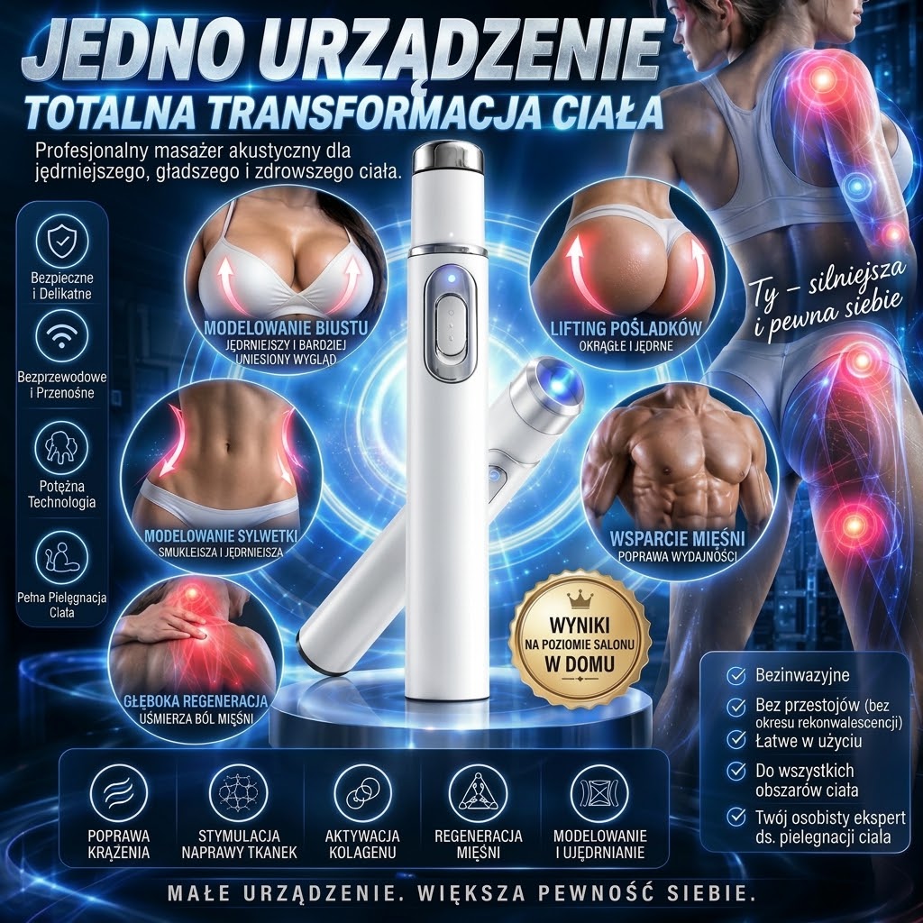 ULTRASONIC SHOCK WAVE BODY REMODELING SYSTEM™ – ultradźwiękowy system modelowania ciała falą uderzeniową – poprawia wygląd biustu i unosi pośladki. Wspomaga wzrost mięśni. Zwiększa krążenie. Łagodzi ból.