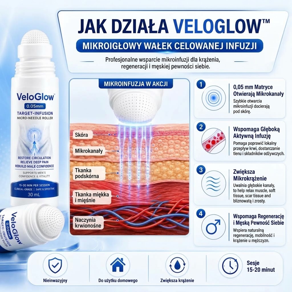 VeloGlow™ 0,05 mm Target-Infusion wałek z mikroigłami — Przywraca zdrowie tkanek, zwiększa sztywność i wytrzymałość, łagodzi dyskomfort mięśni i stawów.