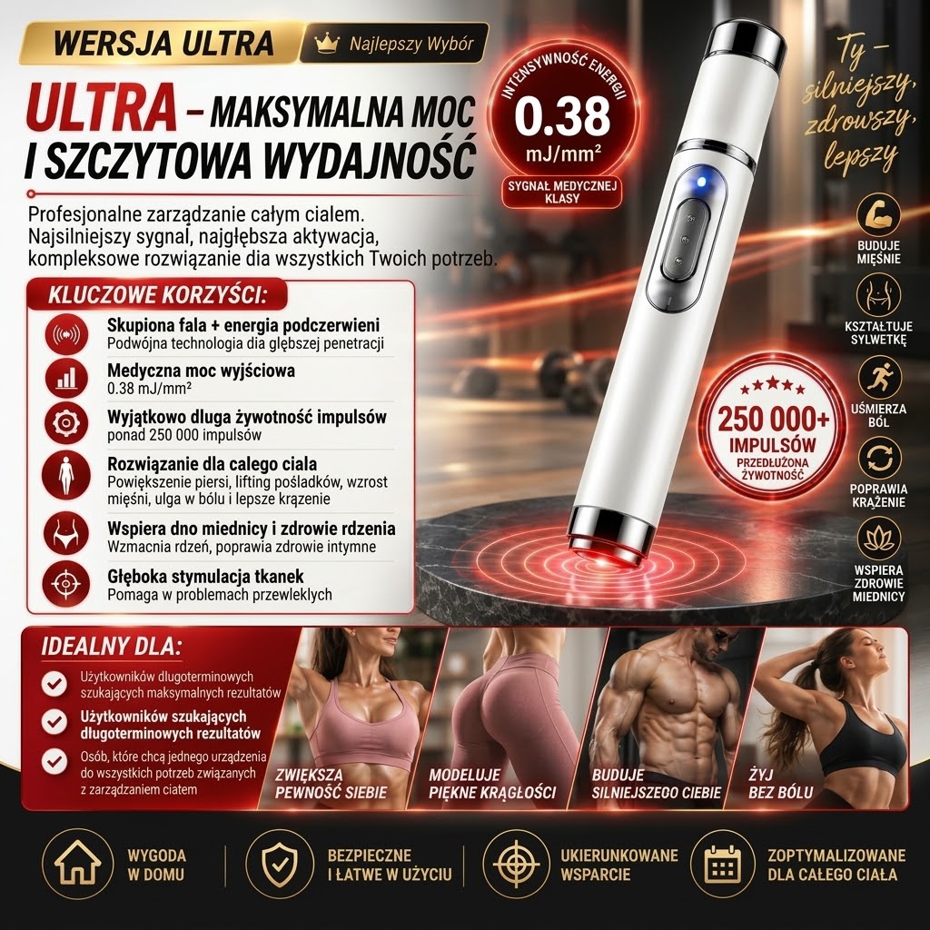 ULTRASONIC SHOCK WAVE BODY REMODELING SYSTEM™ – ultradźwiękowy system modelowania ciała falą uderzeniową – poprawia wygląd biustu i unosi pośladki. Wspomaga wzrost mięśni. Zwiększa krążenie. Łagodzi ból.
