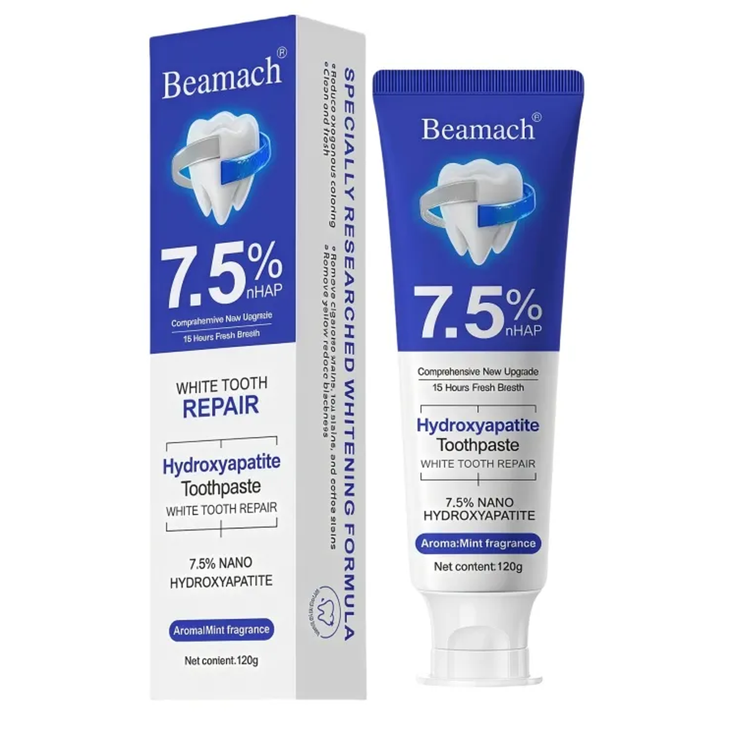 Hydroxyapatite Beamach Remineralizing Mint Toothpaste - Fluoride-Free, Gentle Formula for Sensitive Teeth, Enamel Repair, Gum Repair & Oral Daily Care, Teeth Whitening, Refreshing Flavor, 4.23oz, Remineralizing Toothpaste, Daily Care Toothpaste