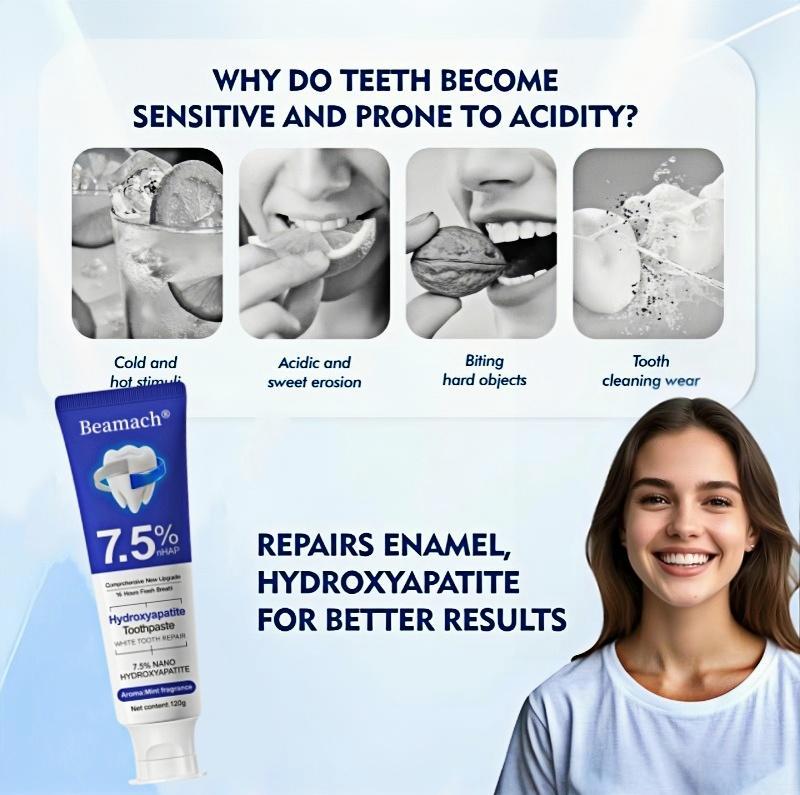 Hydroxyapatite Beamach Remineralizing Mint Toothpaste - Fluoride-Free, Gentle Formula for Sensitive Teeth, Enamel Repair, Gum Repair & Oral Daily Care, Teeth Whitening, Refreshing Flavor, 4.23oz, Remineralizing Toothpaste, Daily Care Toothpaste