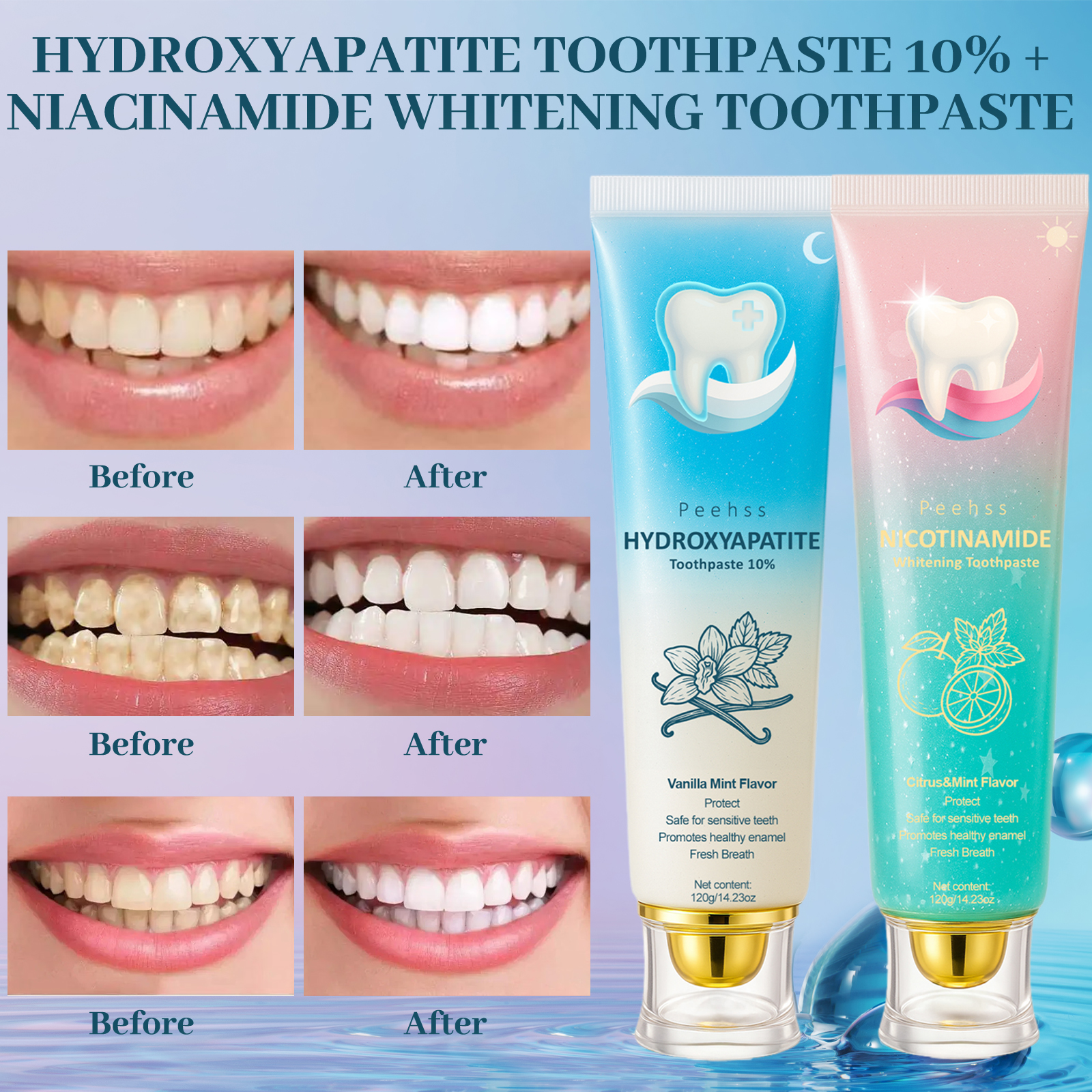 10% Hydroxyapatite + Niacinamide Fluoride-Free Toothpaste, Enamel Repair Toothpastes, Gum Care, Sensitivity Relief, Whitening, Breath Freshening, Citrus Mint, Minty Fresh 120g Oral Care Essentials, Whitening Toothpaste, Anti Bacterial Toothpastes