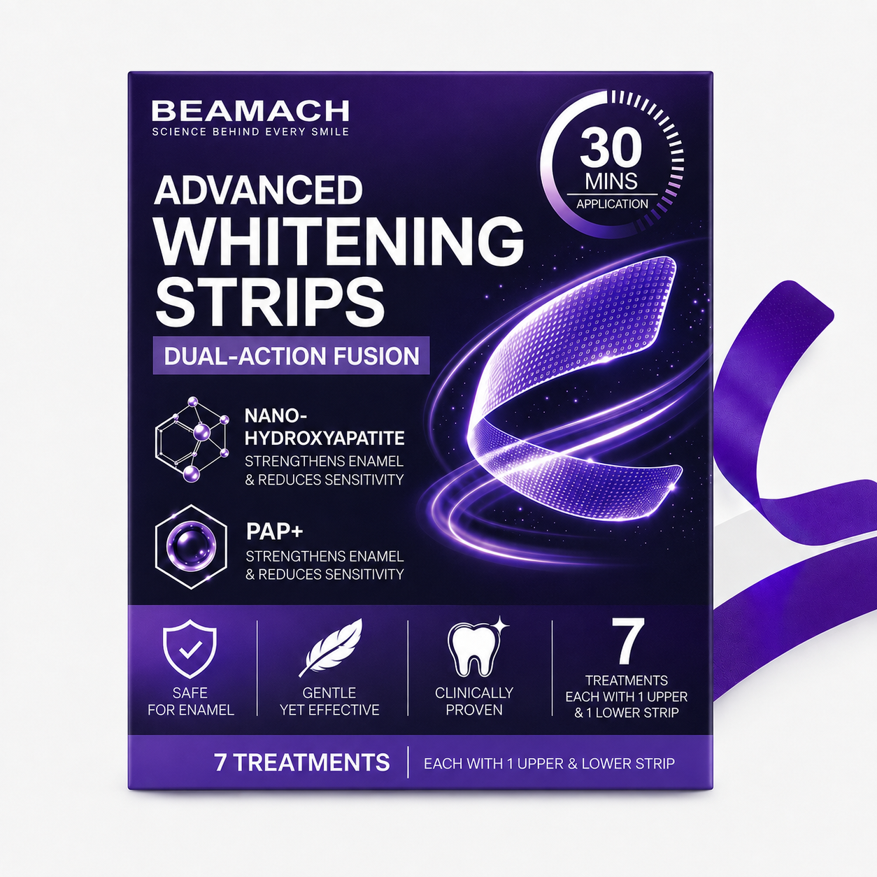 Beamach Teeth Whitening Strips - Peroxide-Free Whitening Kit with Hydroxyapatite, Enamel Safe + Cheek Retractor, Easy 3-Step at-Home Teeth Whitening for Deep Stain Removal