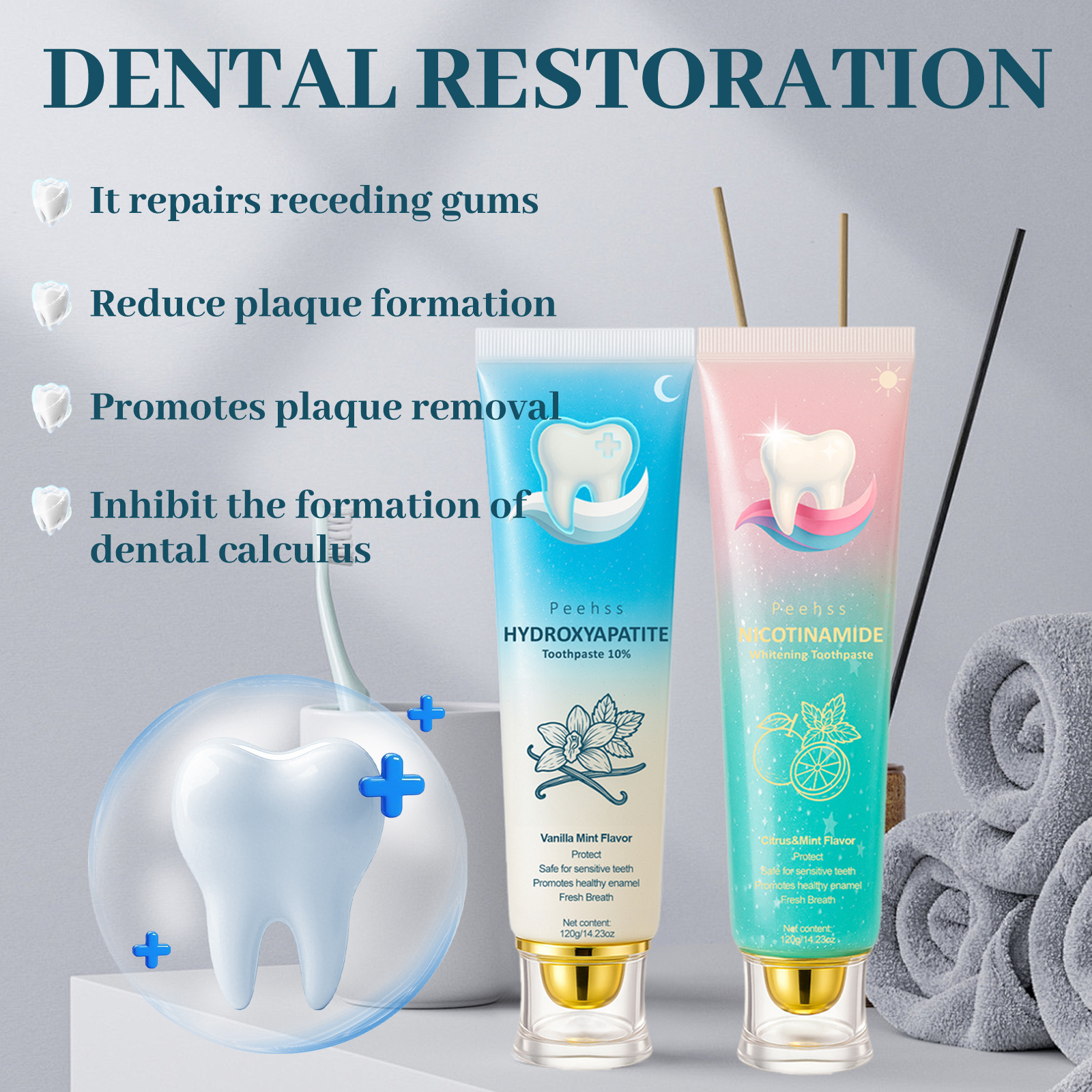 10% Hydroxyapatite + Niacinamide Fluoride-Free Toothpaste, Enamel Repair Toothpastes, Gum Care, Sensitivity Relief, Whitening, Breath Freshening, Citrus Mint, Minty Fresh 120g Oral Care Essentials, Whitening Toothpaste, Anti Bacterial Toothpastes