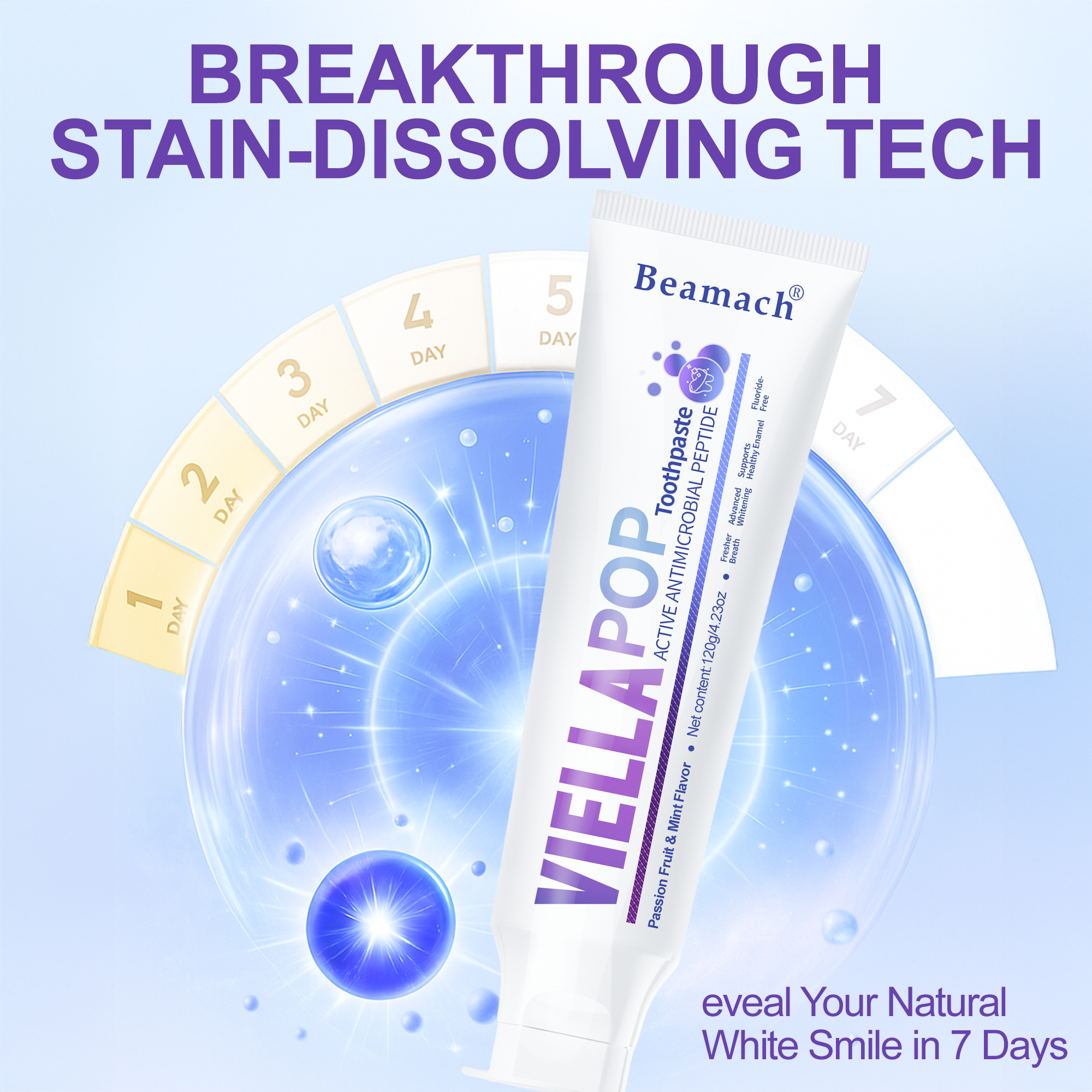 7-Day Whitening Viella Pop  Purple Toothpaste with Bursting Beads for Triple Stain Removal & Long-Lasting Fresh Breath, Fluoride-Free. Antimicrobial & Repair. Oral health