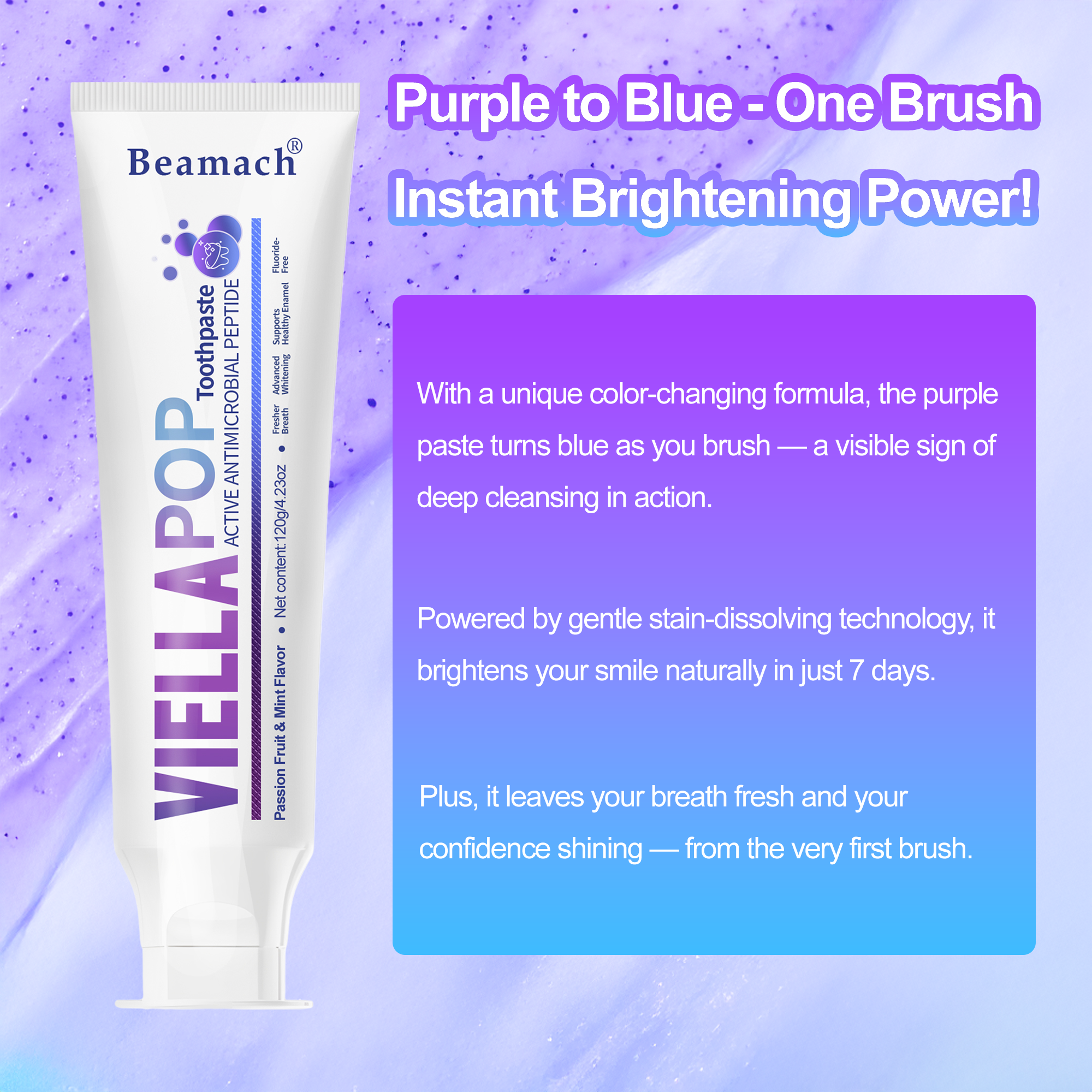 7-Day Whitening Viella Pop  Purple Toothpaste with Bursting Beads for Triple Stain Removal & Long-Lasting Fresh Breath, Fluoride-Free. Antimicrobial & Repair. Oral health
