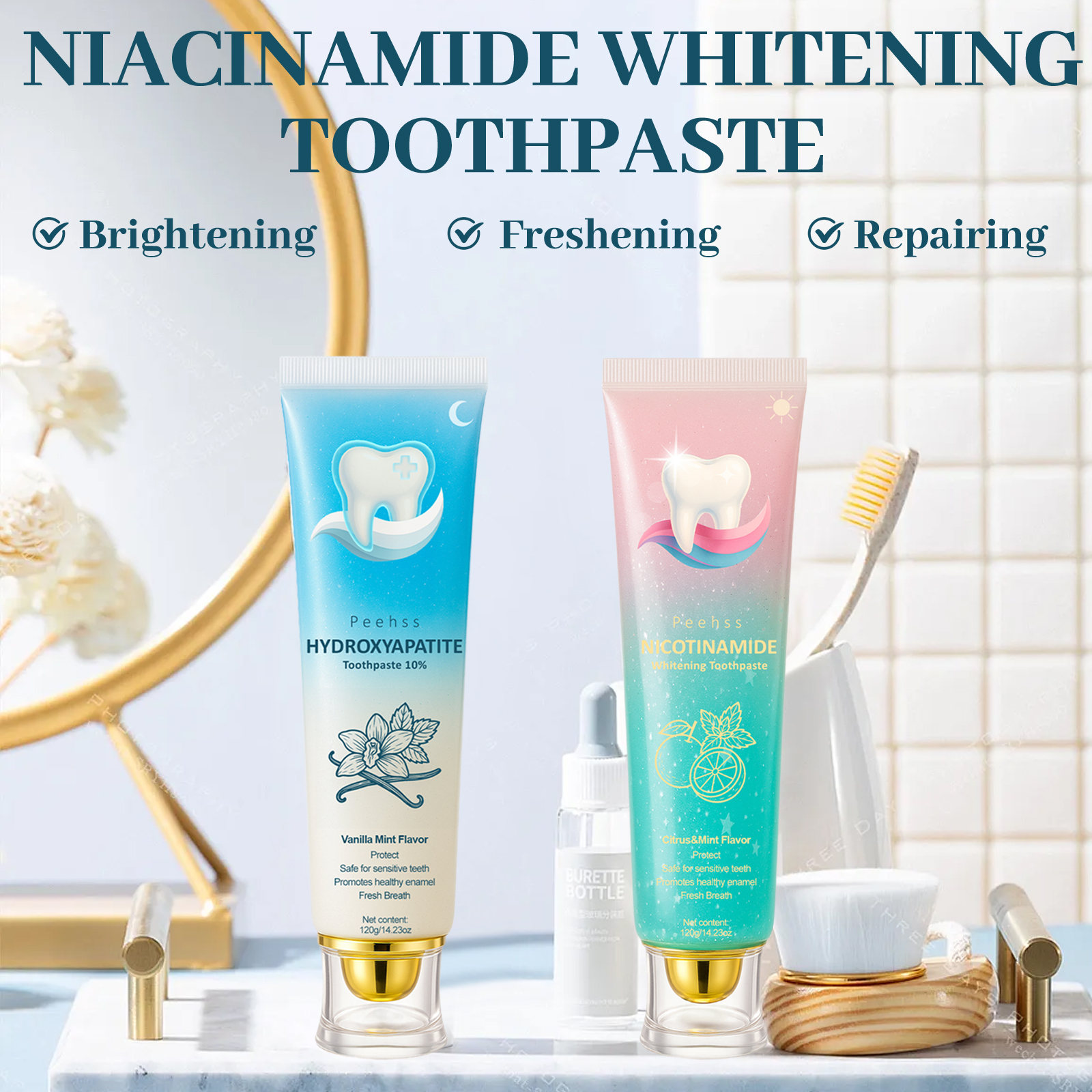 10% Hydroxyapatite + Niacinamide Fluoride-Free Toothpaste, Enamel Repair Toothpastes, Gum Care, Sensitivity Relief, Whitening, Breath Freshening, Citrus Mint, Minty Fresh 120g Oral Care Essentials, Whitening Toothpaste, Anti Bacterial Toothpastes