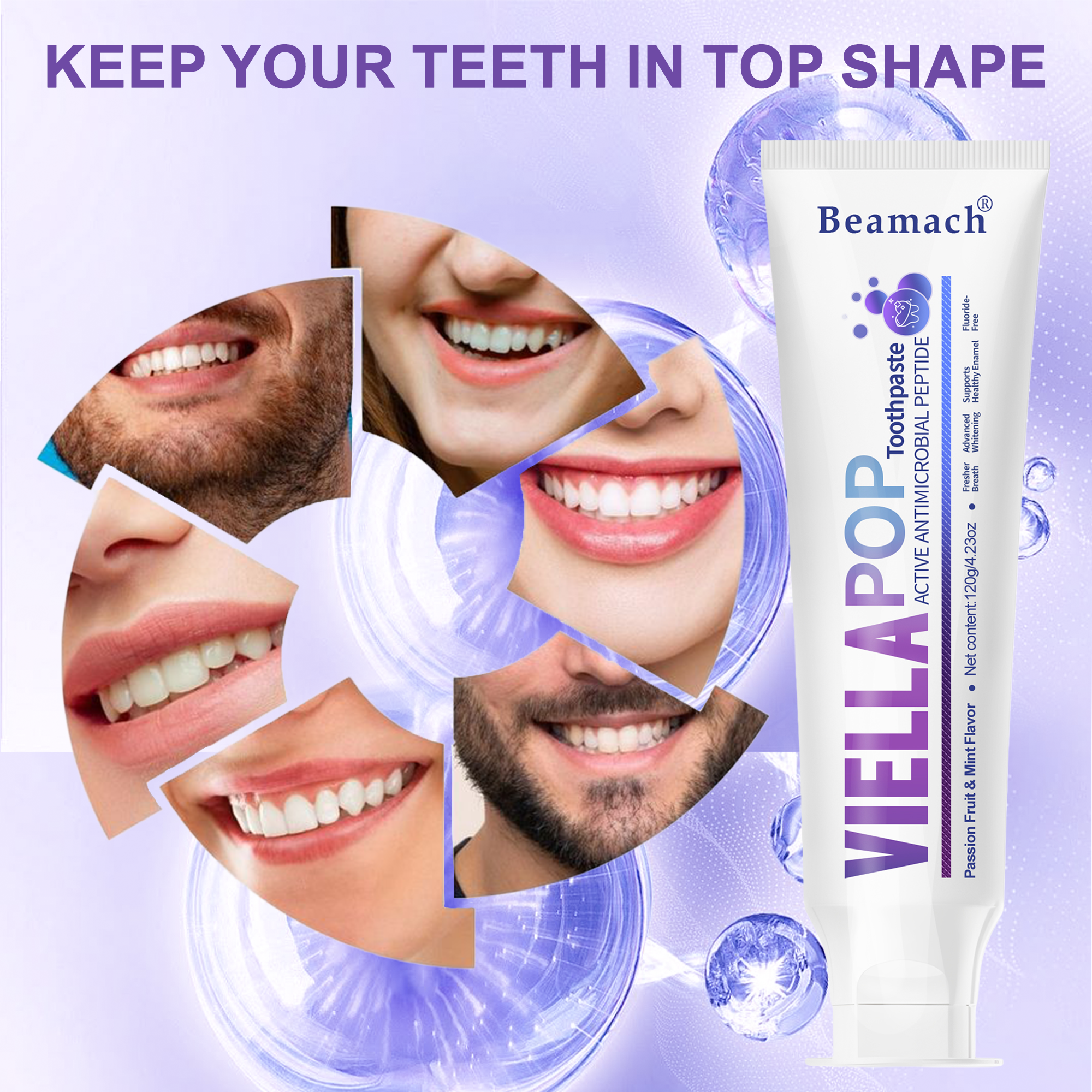 7-Day Whitening Viella Pop  Purple Toothpaste with Bursting Beads for Triple Stain Removal & Long-Lasting Fresh Breath, Fluoride-Free. Antimicrobial & Repair. Oral health