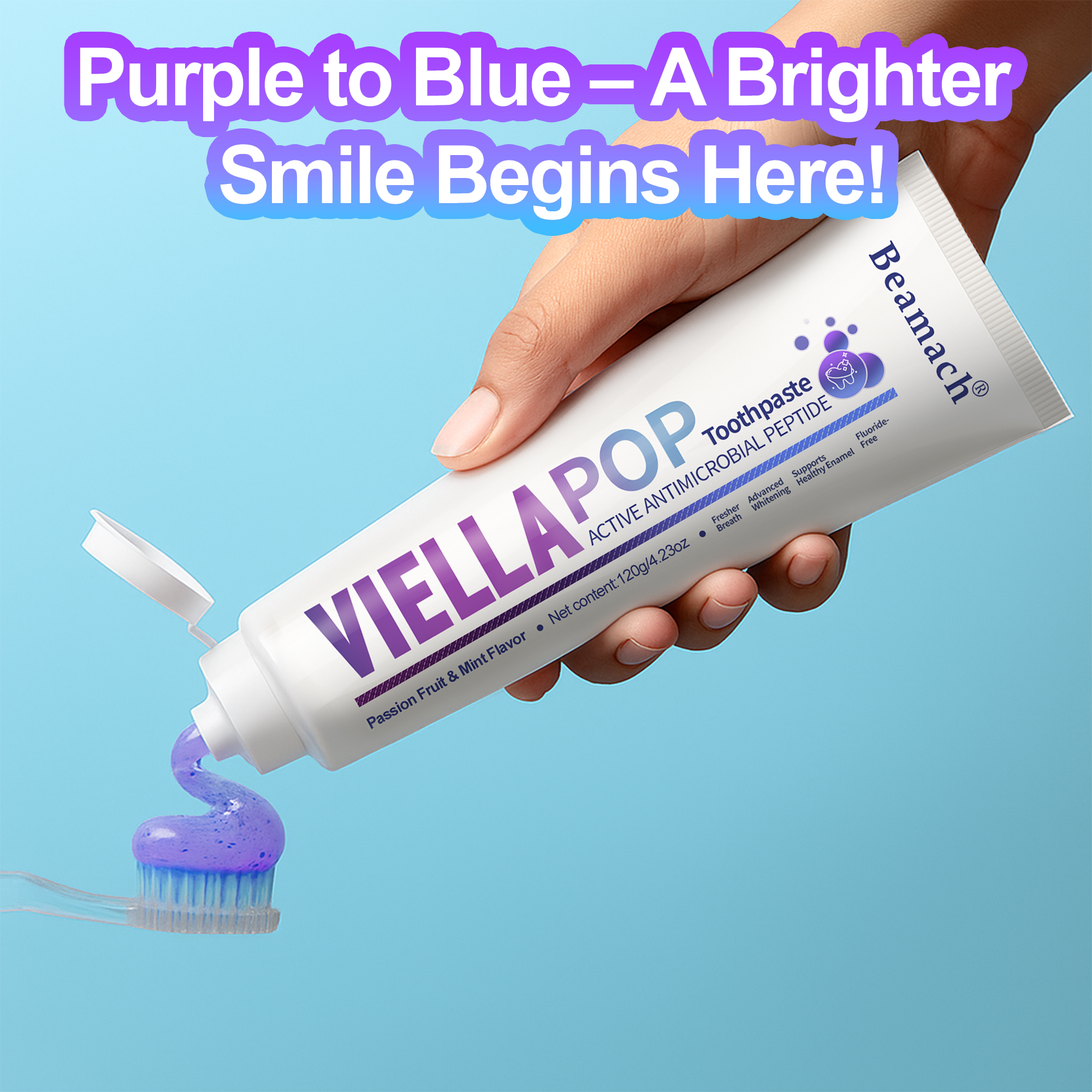 7-Day Whitening Viella Pop  Purple Toothpaste with Bursting Beads for Triple Stain Removal & Long-Lasting Fresh Breath, Fluoride-Free. Antimicrobial & Repair. Oral health