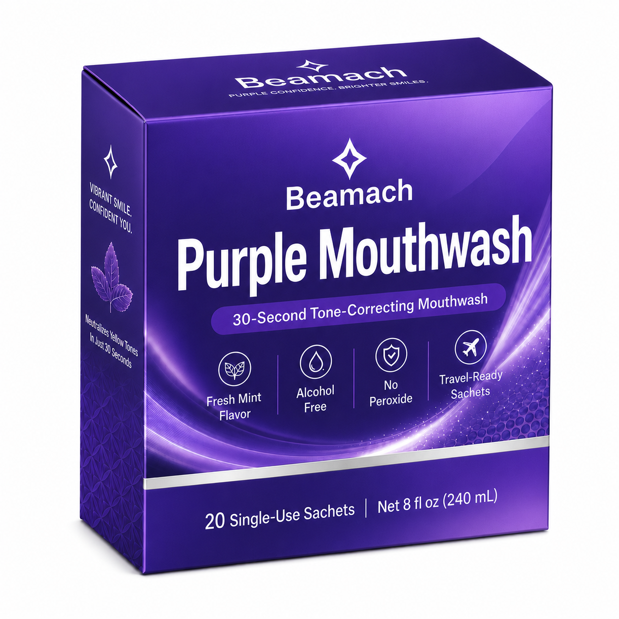 Beamach Purple Mouthwash for Teeth Whitening - Color Correcting Mouthwash Sachets - Peroxide Free, Alcohol Free - Freshens Breath, Supports Gum Health - Vegan, Mint Flavor (20 pc)