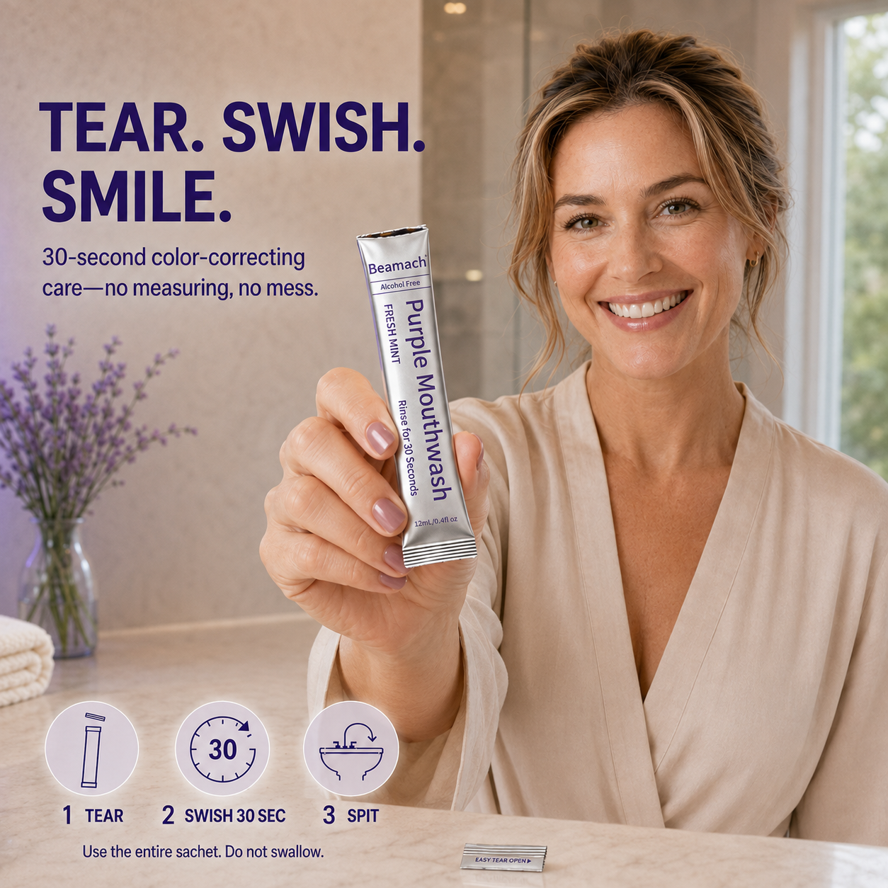 Beamach Purple Mouthwash for Teeth Whitening - Color Correcting Mouthwash Sachets - Peroxide Free, Alcohol Free - Freshens Breath, Supports Gum Health - Vegan, Mint Flavor (20 pc)