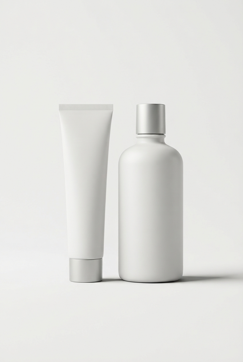 Beamach essential oral care set with toothpaste and mouthwash on minimal off-white background