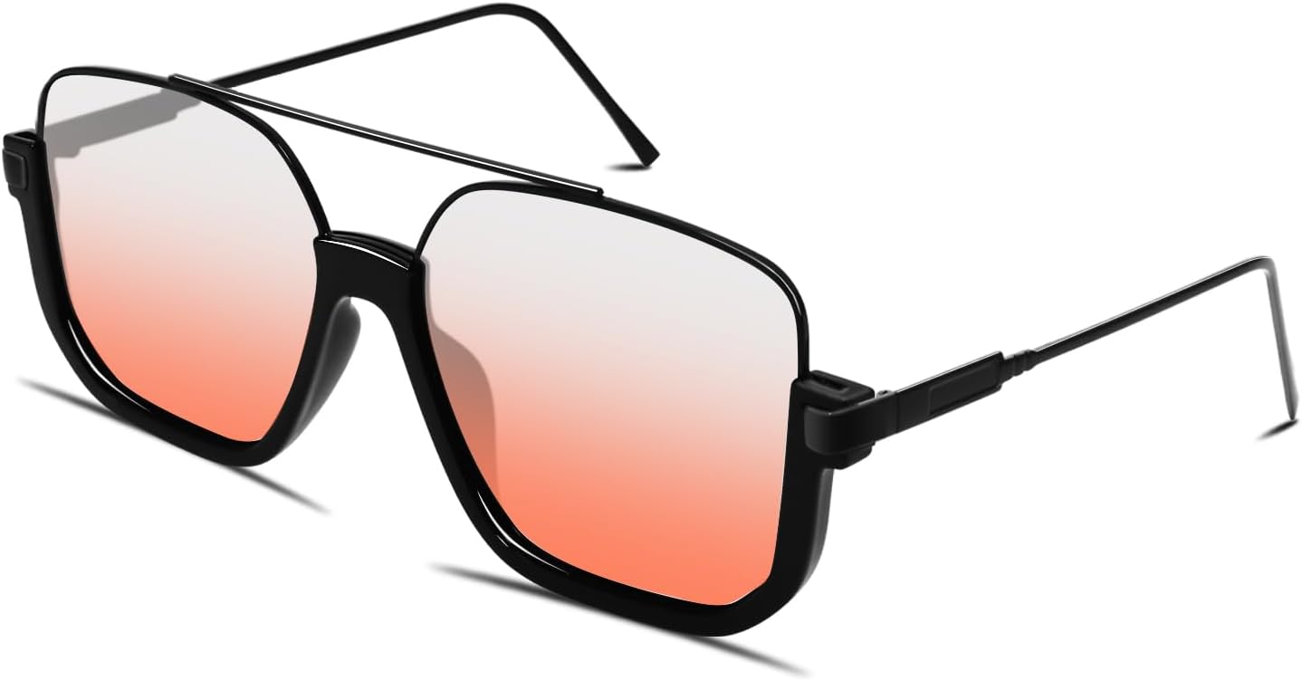 Retro Oversized Aviator Sunglasses for Women Men Square Double Bridge Pilot Sun Glasses 70s Trendy Shades