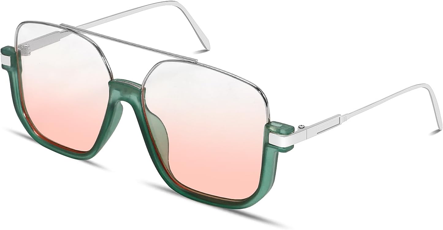 Retro Oversized Aviator Sunglasses for Women Men Square Double Bridge Pilot Sun Glasses 70s Trendy Shades