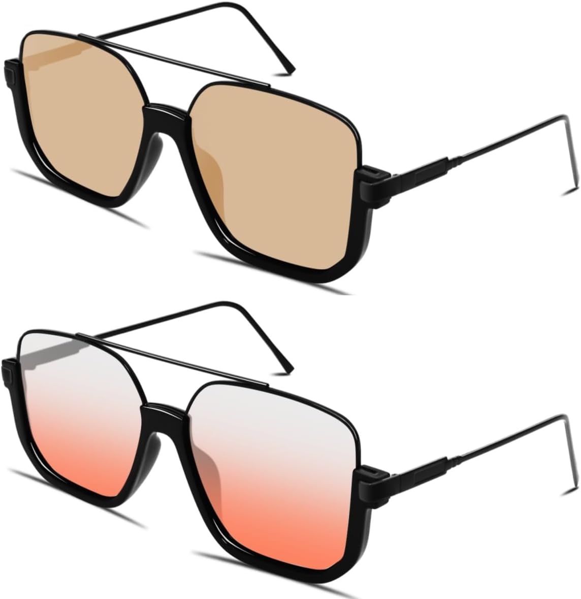 Retro Oversized Aviator Sunglasses for Women Men Square Double Bridge Pilot Sun Glasses 70s Trendy Shades