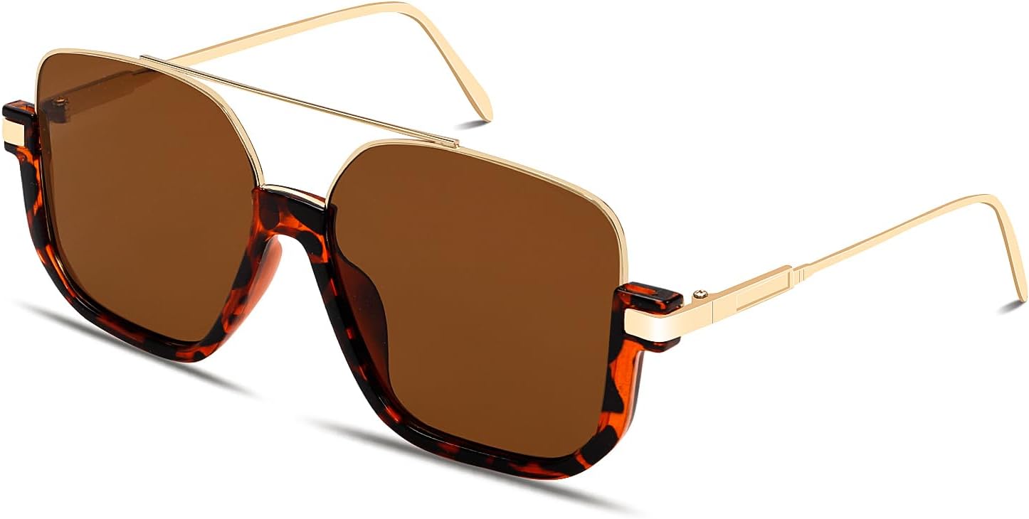 Retro Oversized Aviator Sunglasses for Women Men Square Double Bridge Pilot Sun Glasses 70s Trendy Shades