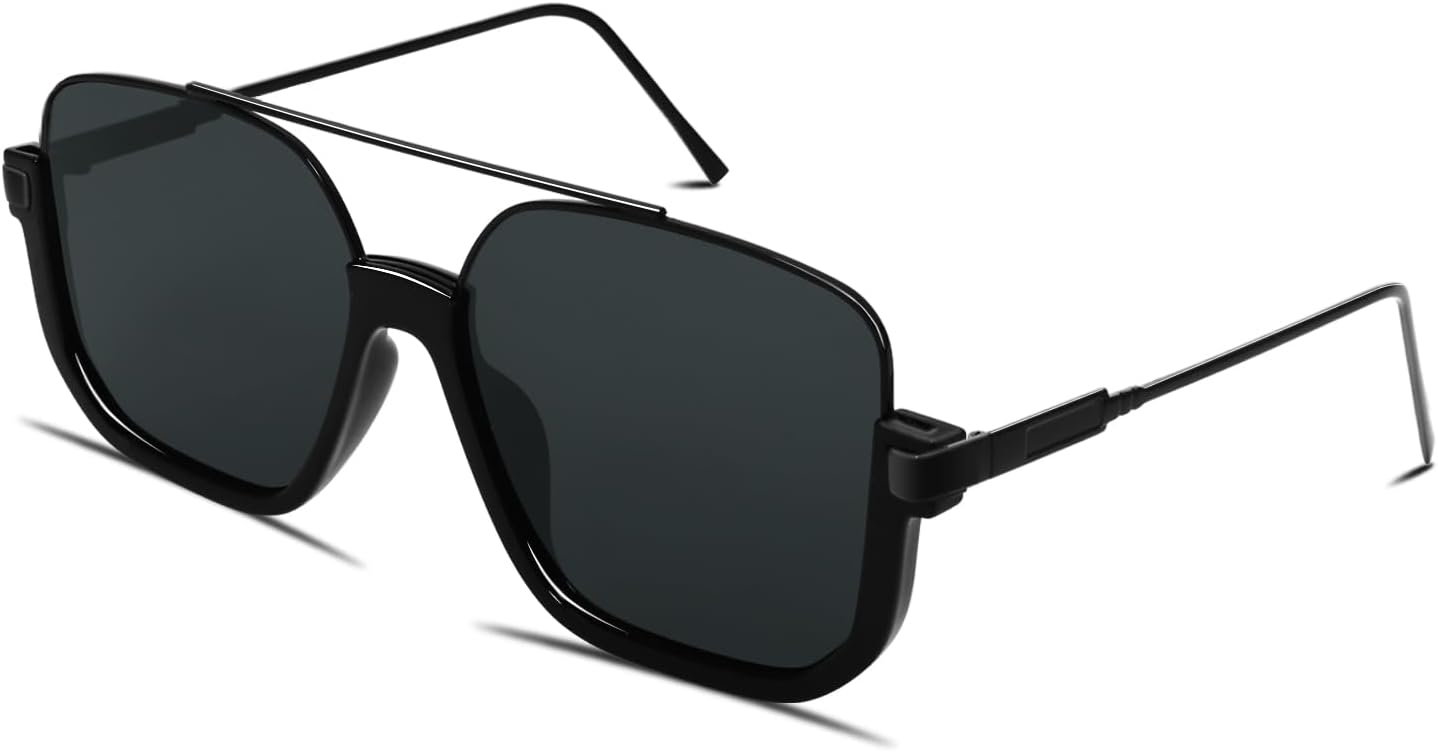 Retro Oversized Aviator Sunglasses for Women Men Square Double Bridge Pilot Sun Glasses 70s Trendy Shades