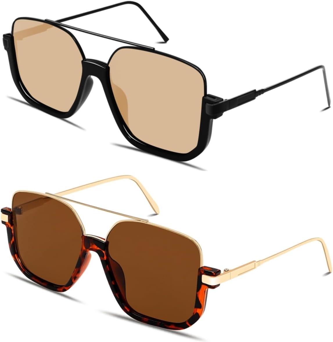 Retro Oversized Aviator Sunglasses for Women Men Square Double Bridge Pilot Sun Glasses 70s Trendy Shades
