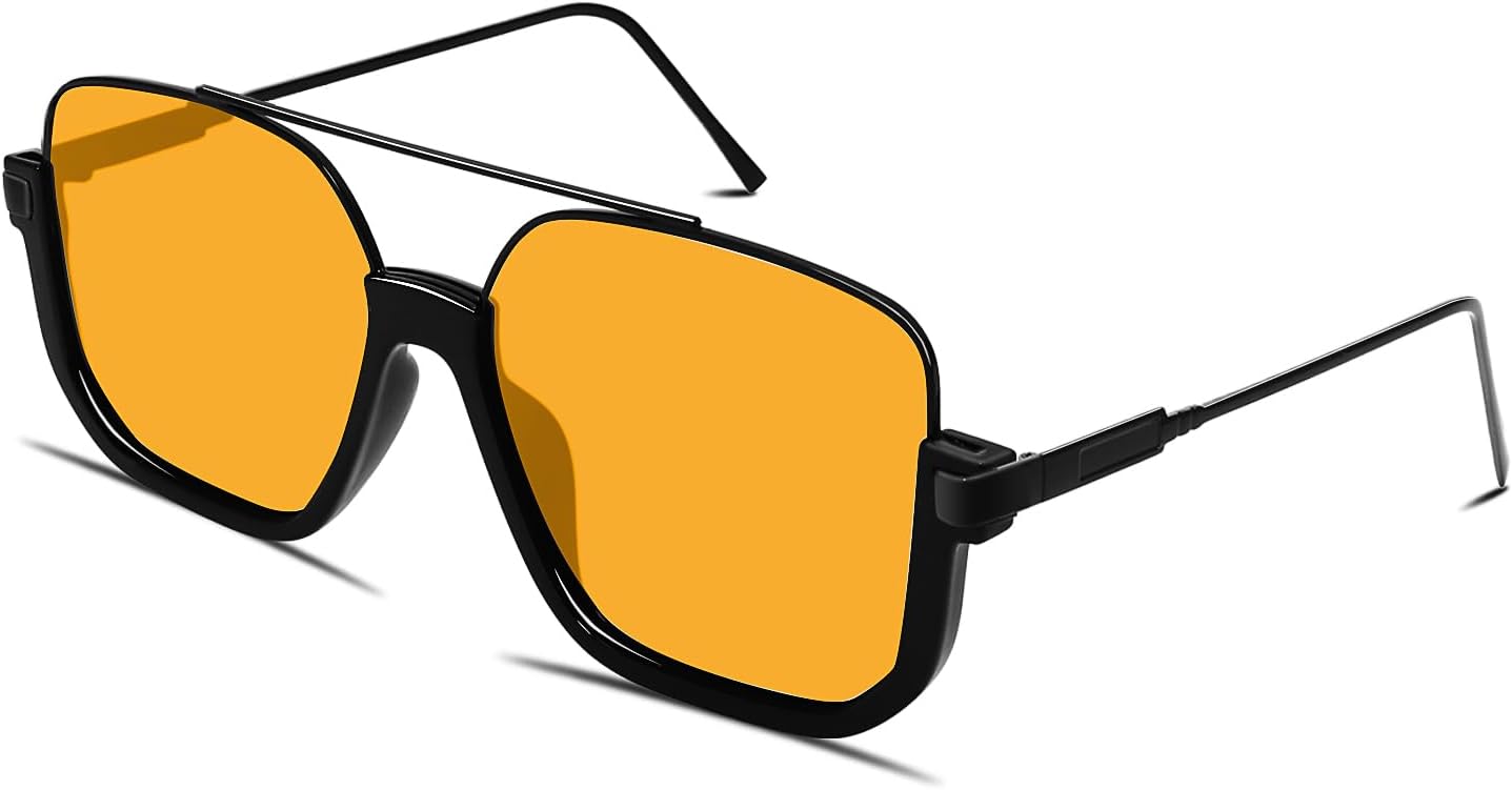 Retro Oversized Aviator Sunglasses for Women Men Square Double Bridge Pilot Sun Glasses 70s Trendy Shades