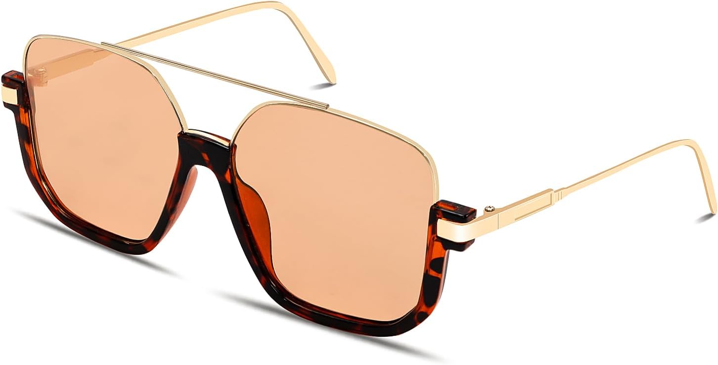 Retro Oversized Aviator Sunglasses for Women Men Square Double Bridge Pilot Sun Glasses 70s Trendy Shades