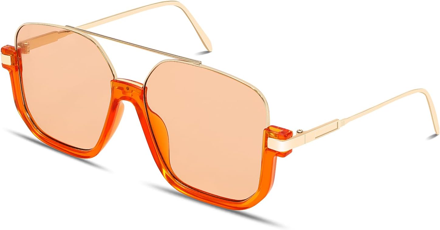 Retro Oversized Aviator Sunglasses for Women Men Square Double Bridge Pilot Sun Glasses 70s Trendy Shades