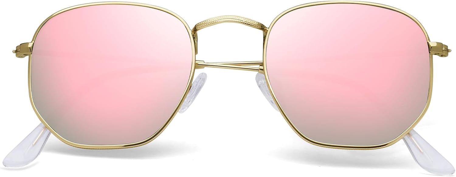 Sunglasses for Womens Men Trendy Square Hexagonal Flat Mirrored Sun Glasses UV Protection