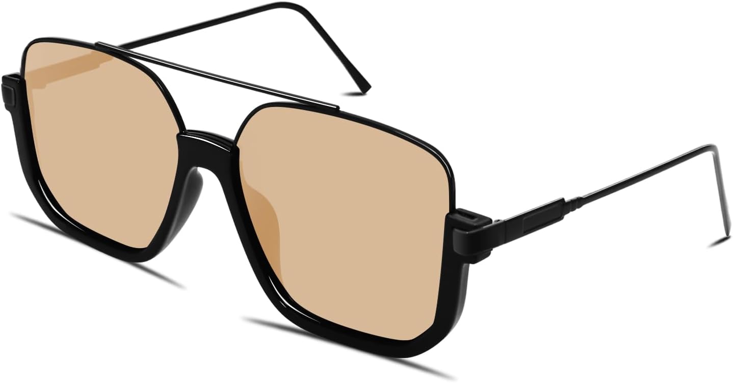 Retro Oversized Aviator Sunglasses for Women Men Square Double Bridge Pilot Sun Glasses 70s Trendy Shades