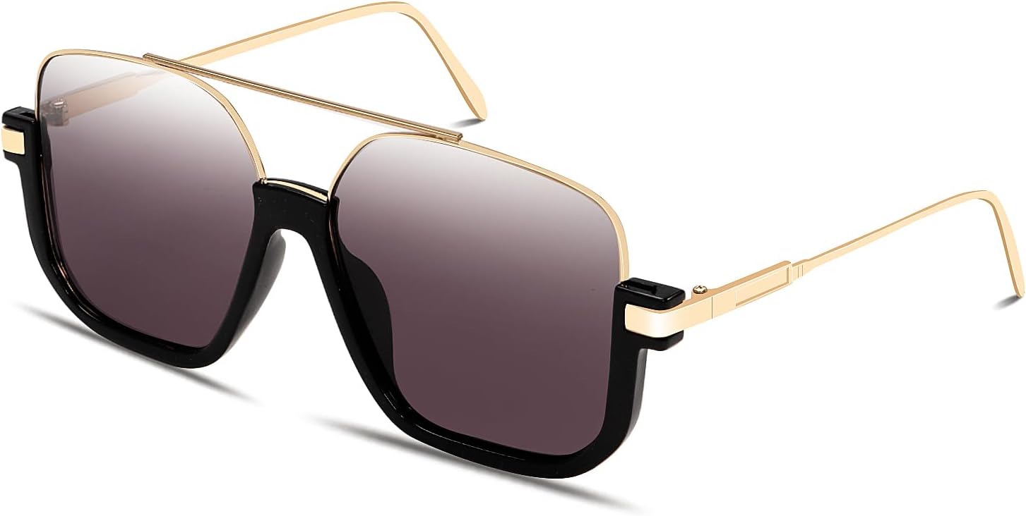 Retro Oversized Aviator Sunglasses for Women Men Square Double Bridge Pilot Sun Glasses 70s Trendy Shades