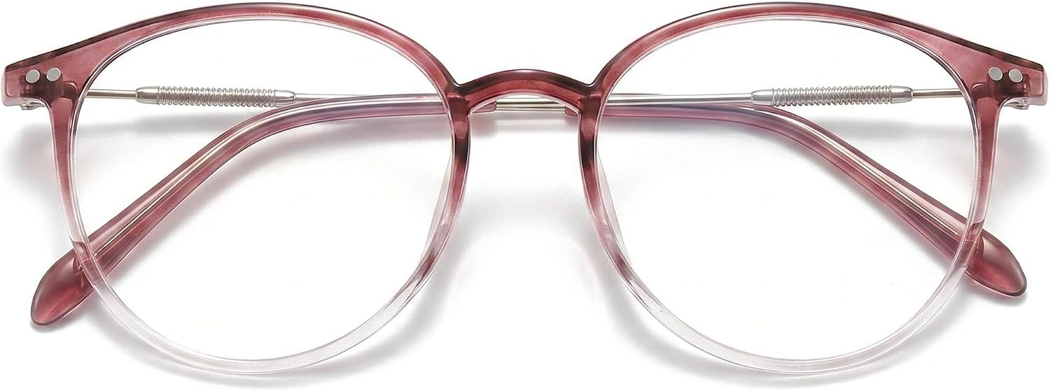 Retro Round Blue Light Blocking Glasses for Women Men, Lightweight Metal Temple Eyeglasses