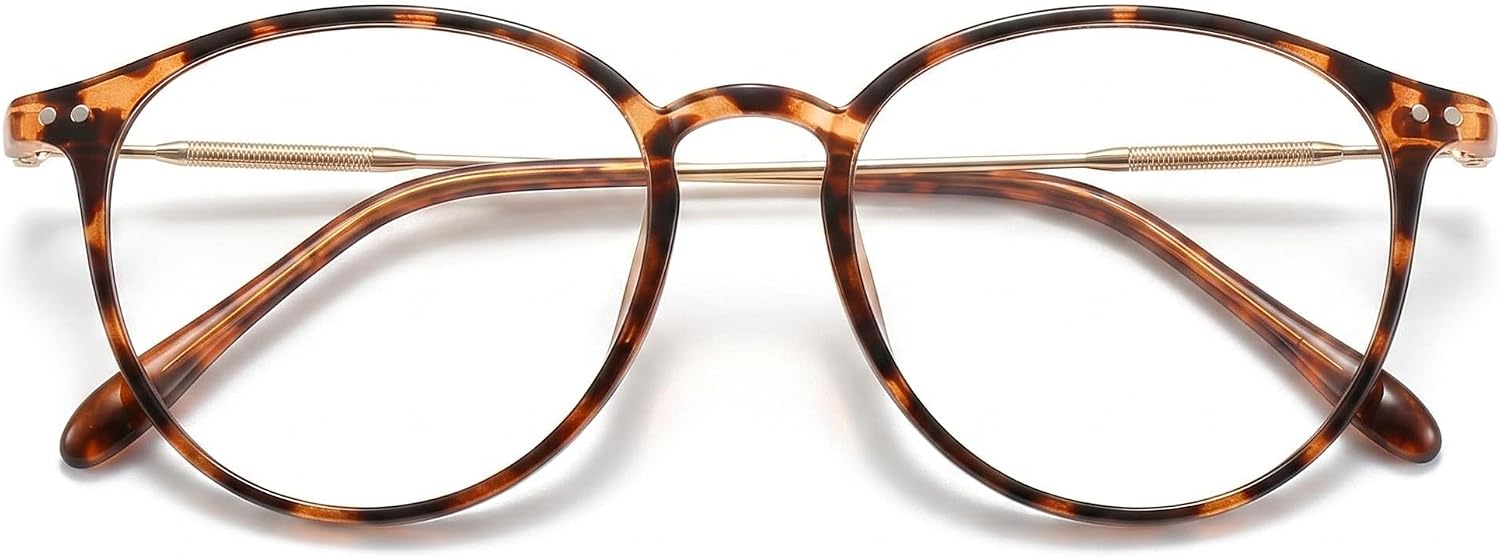 Retro Round Blue Light Blocking Glasses for Women Men, Lightweight Metal Temple Eyeglasses