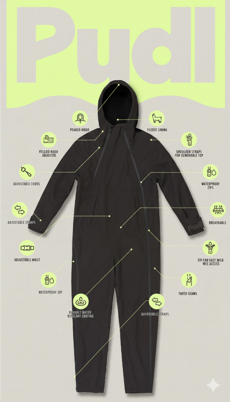 The Pudl Suit, showing its waterproof features