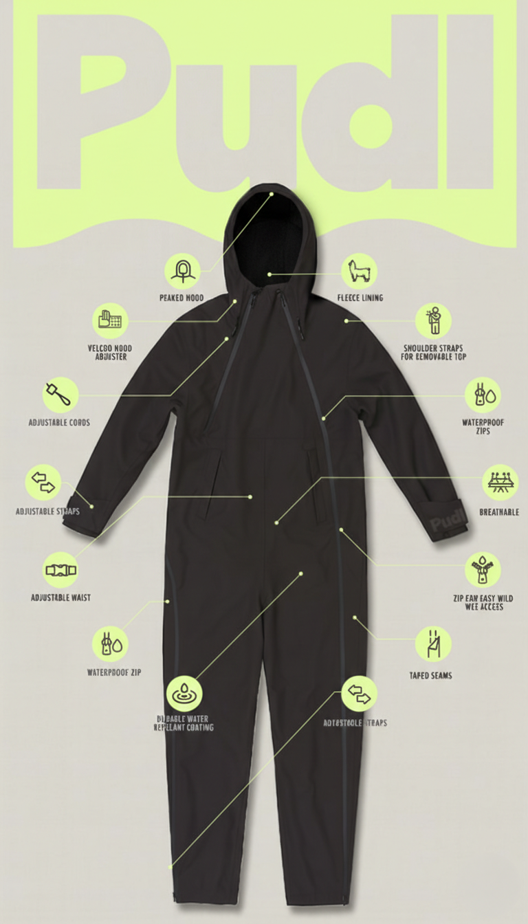 The Pudl Suit, showing its waterproof features