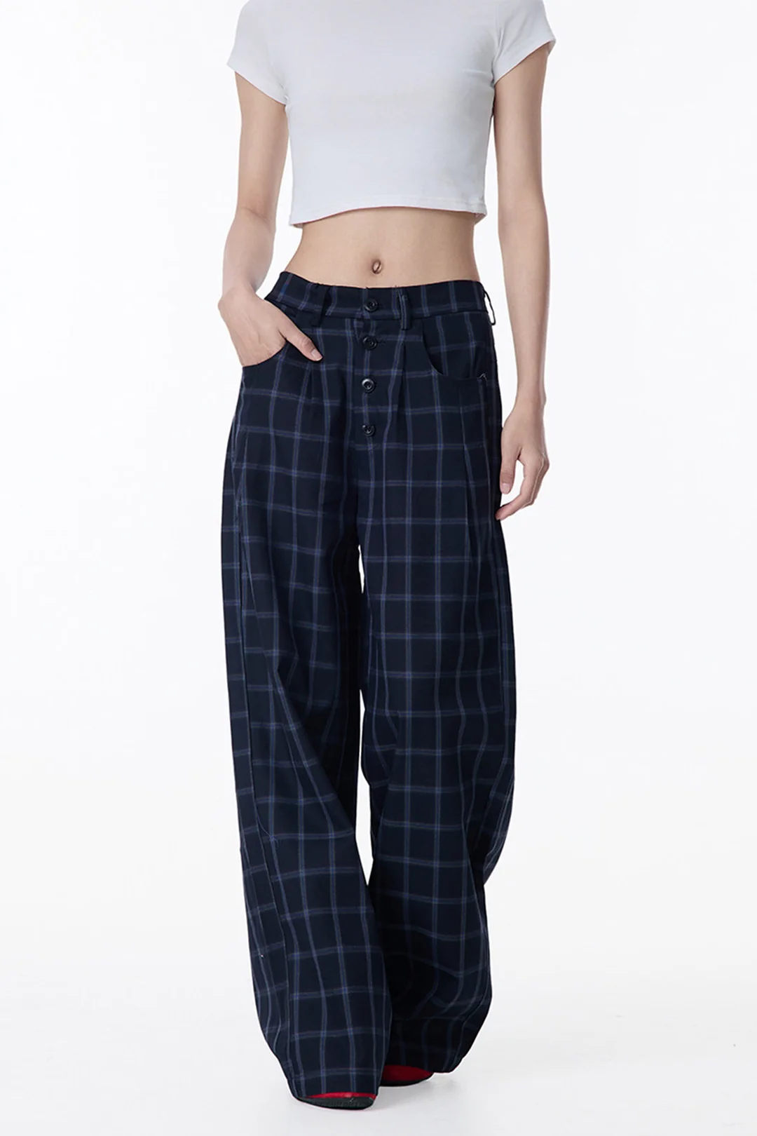 Vintage Plaid Wide-Leg Low-Rise Pants in Blue