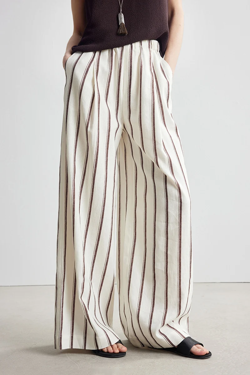 Linen Striped Pull-On Wide-Leg Pants