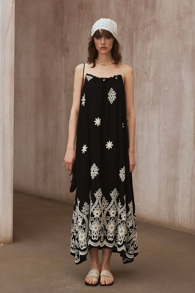 Embroidered Floral Spaghetti Strap Flowy Maxi Dress