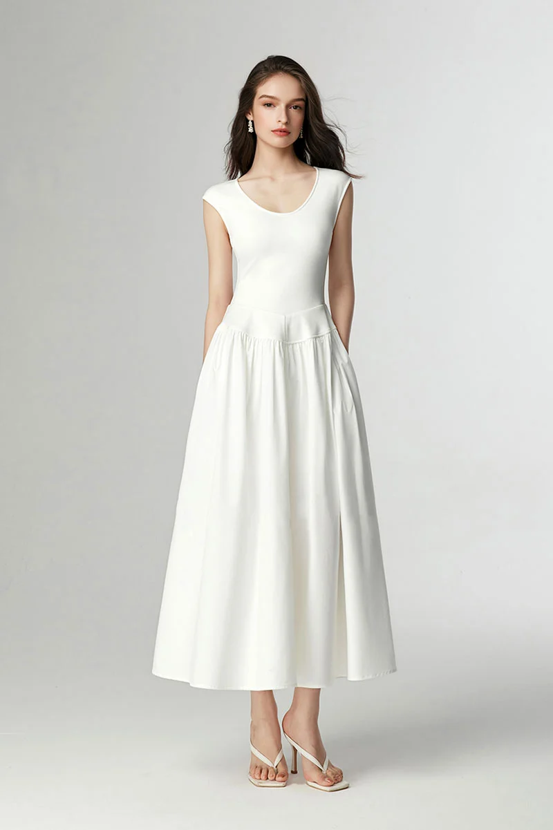 White Fit & Flare Cap-Sleeve Scoop-Neck Midi Dress