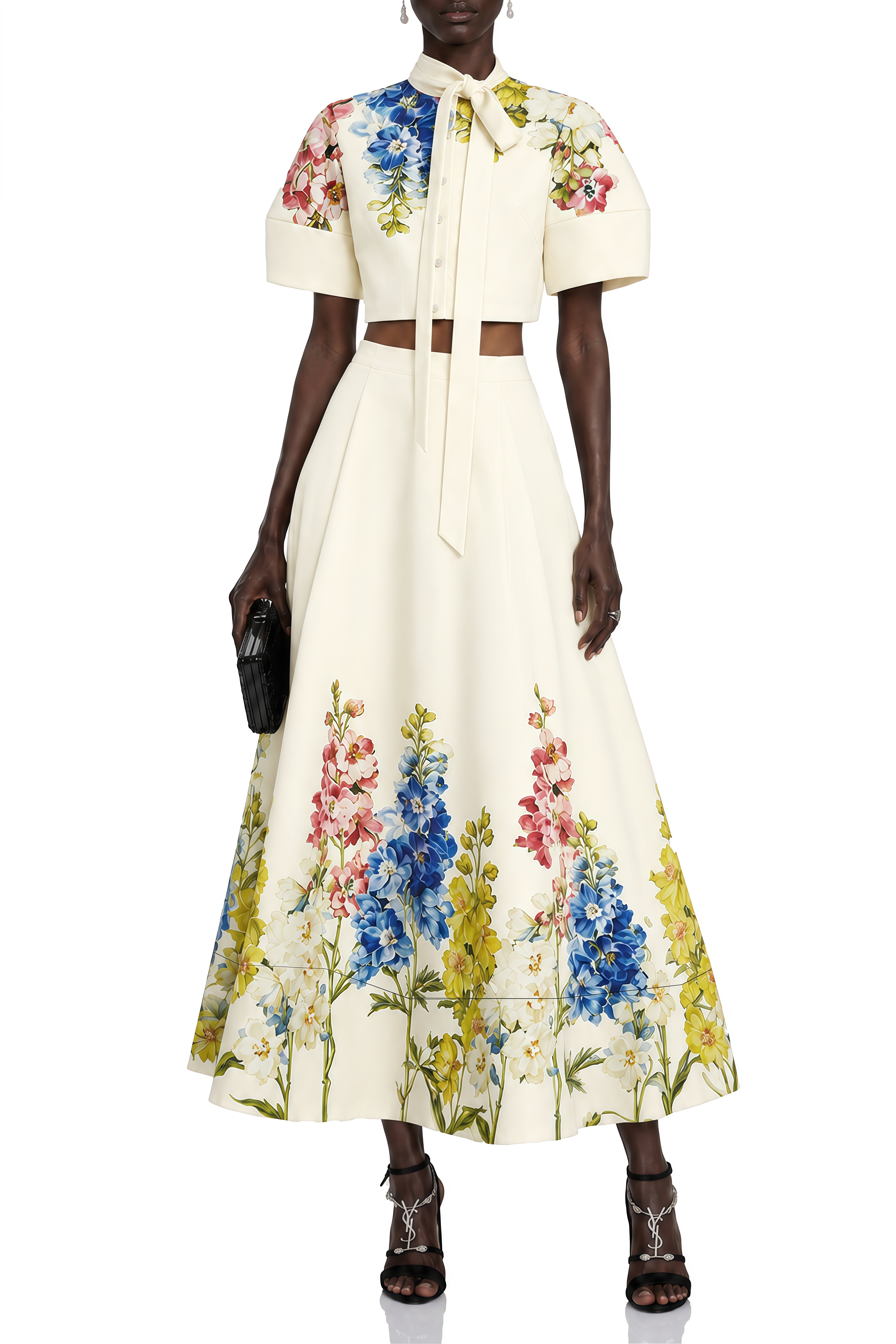 Amara White Floral Print Turtleneck Top & Skirt Set