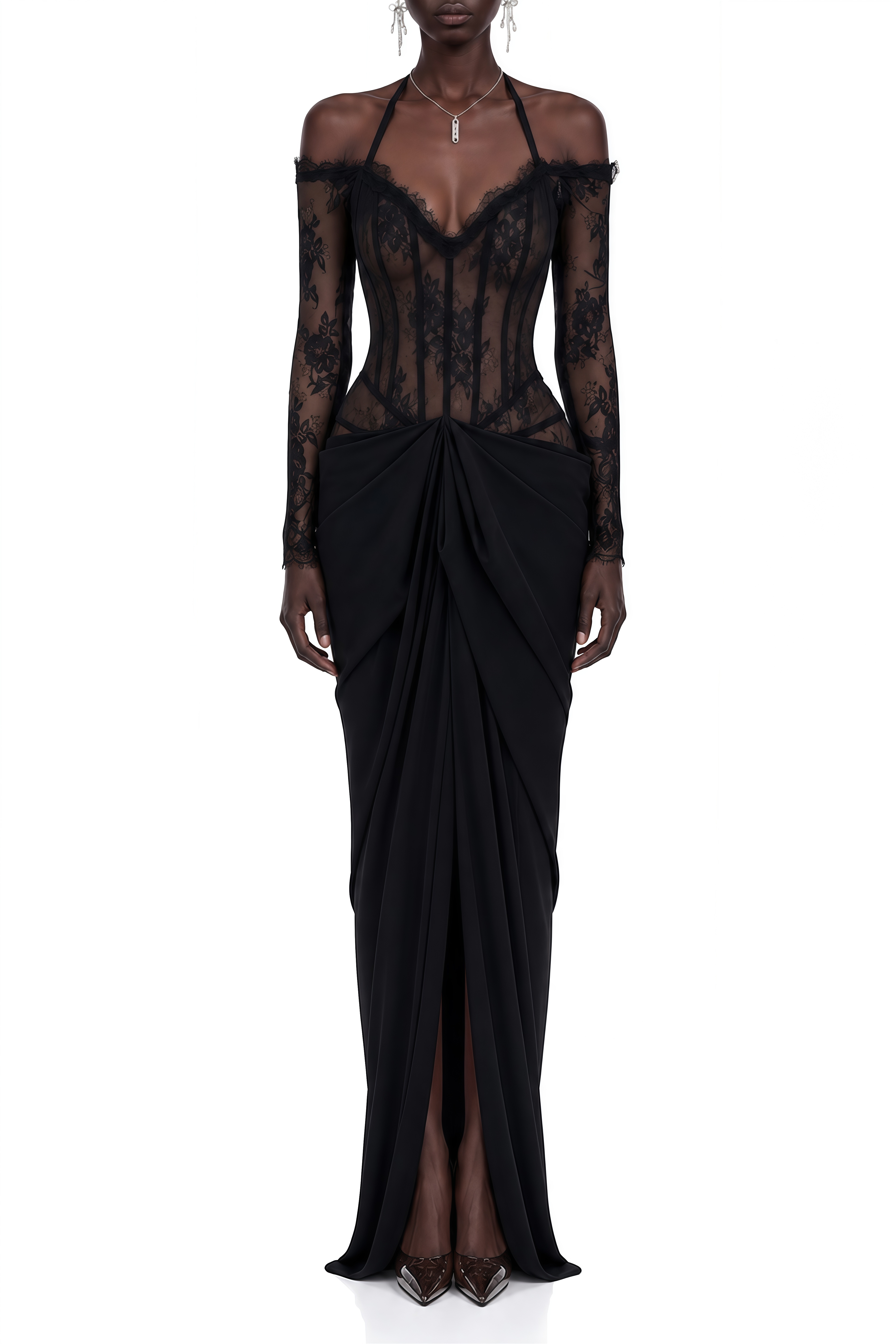 Clio Black Off Shoulder Lace Maxi Dress