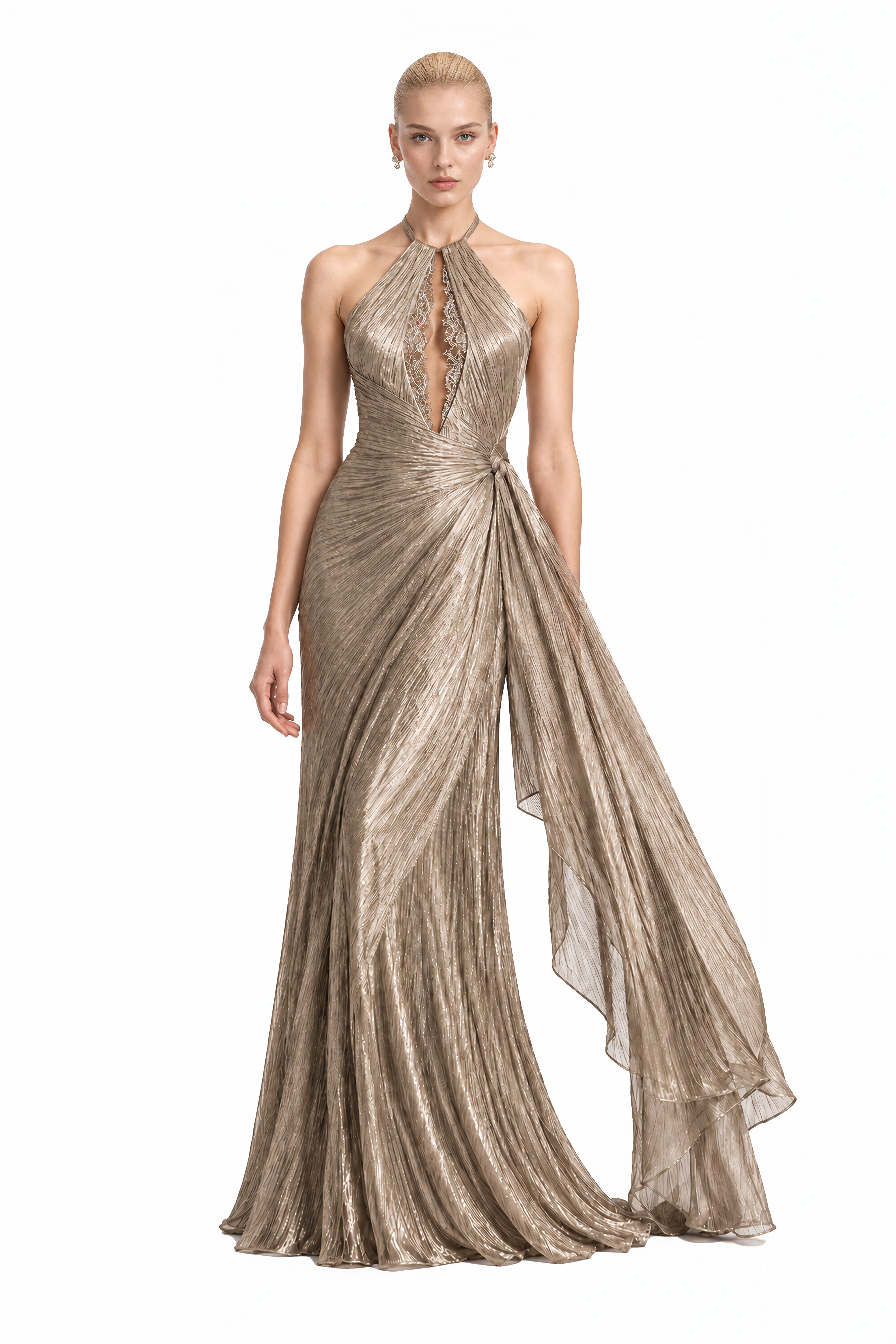 Ember Champagne Halterneck Draped Maxi Dress